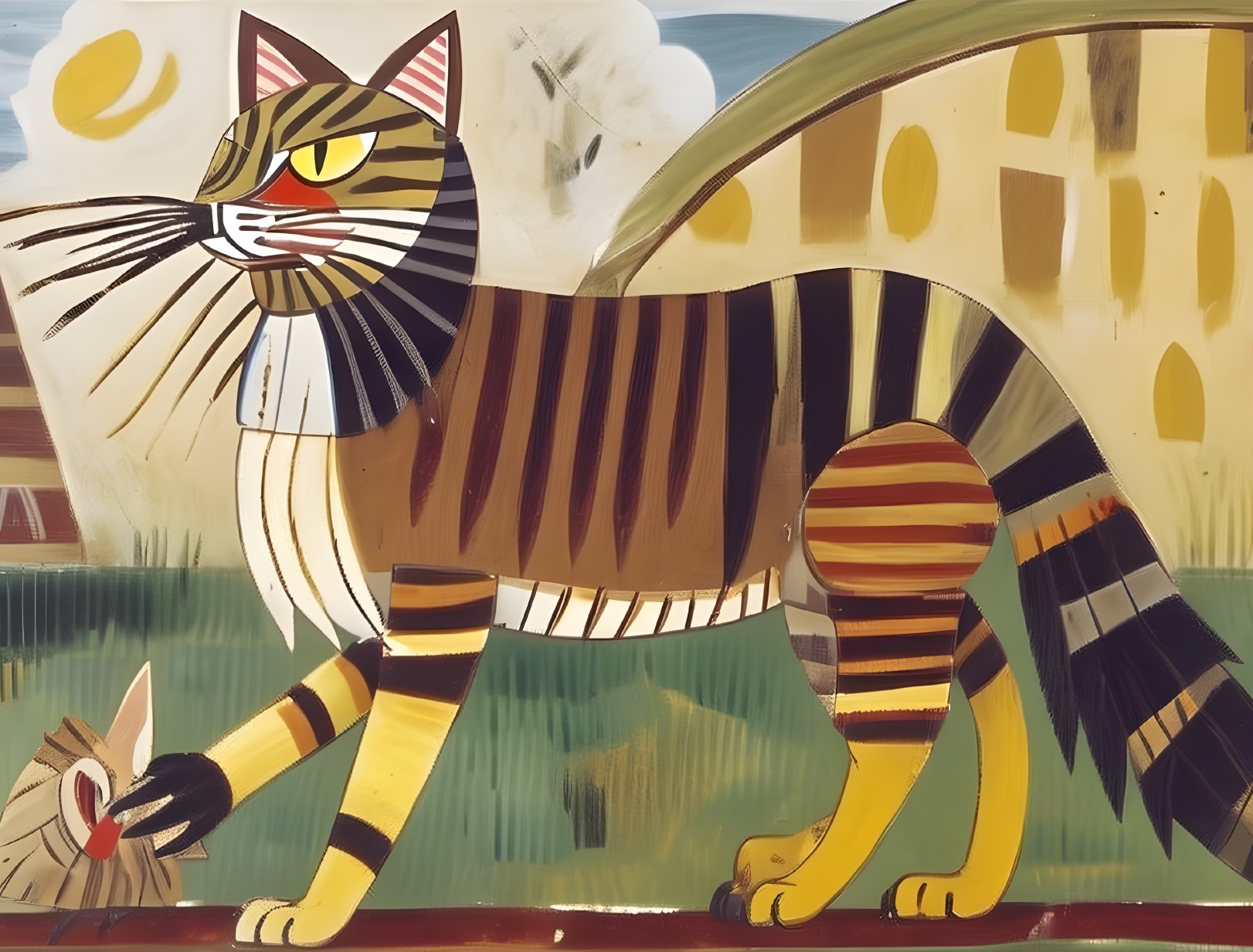 Colorful Stylized Cat in Whimsical Landscape