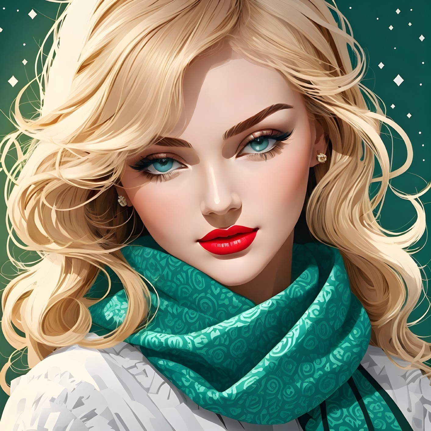 Glamorous Woman with Blue Eyes and Teal Scarf