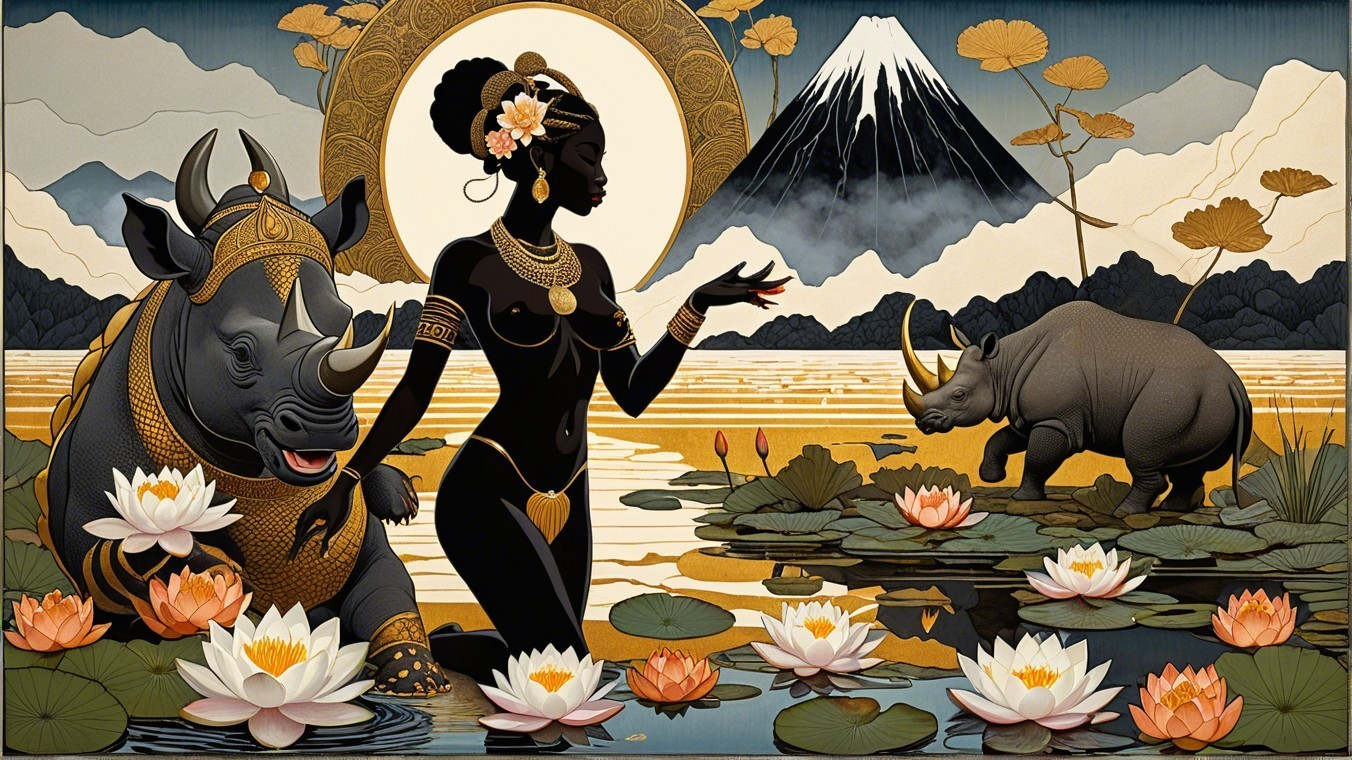 Serene Woman with Rhinoceroses by Tranquil Water