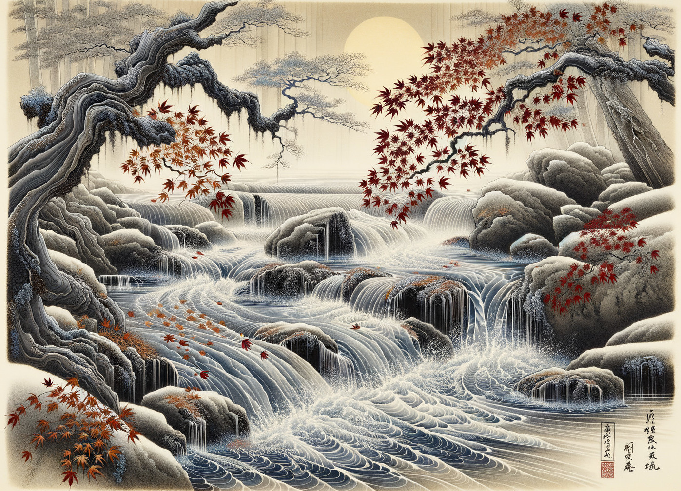 Serene Landscape with Stream and Autumn Foliage