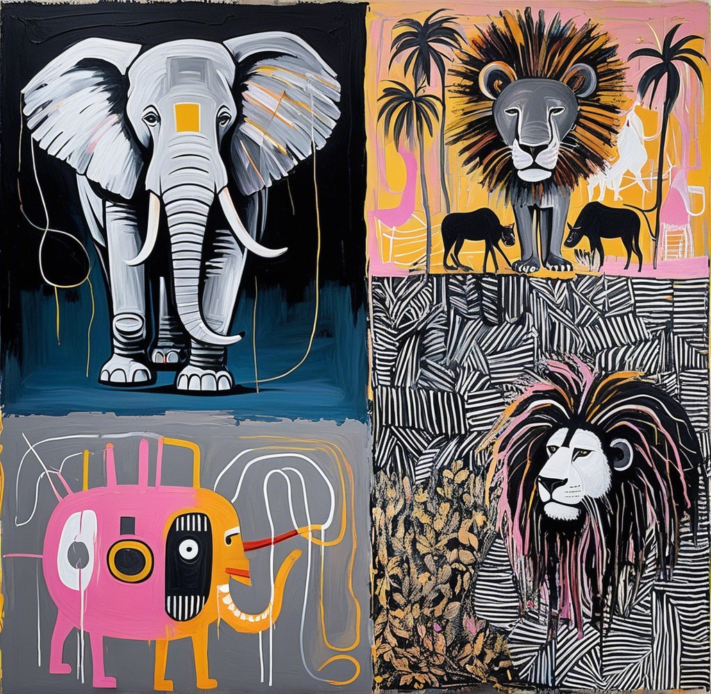 Vibrant Artwork with Stylized Animals in Four Quadrants