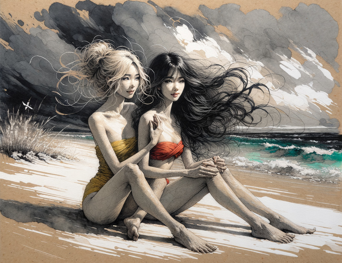 Young Women on Beach with Contrasting Swimwear Colors