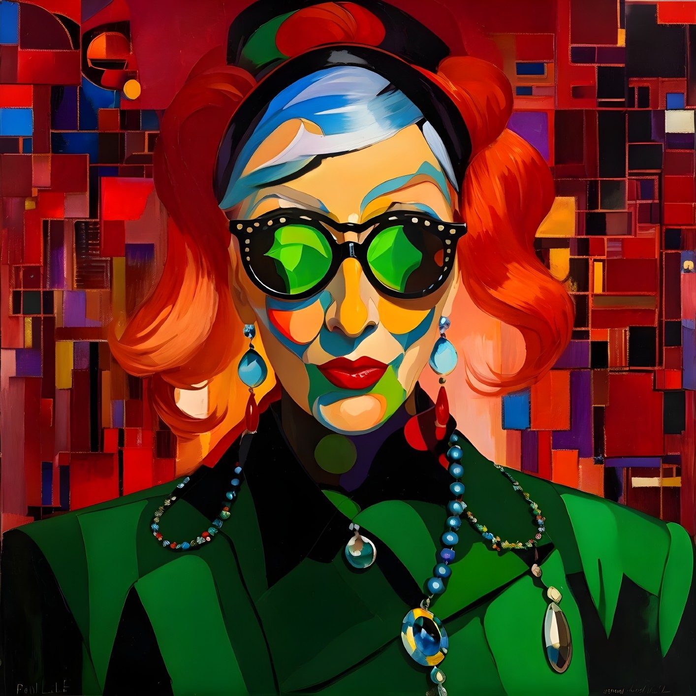 Stylized portrait of a woman with red hair and sunglasses