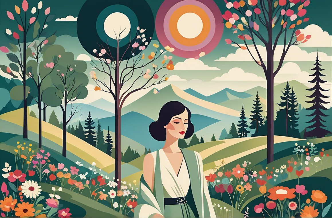 Serene Landscape with Woman Among Vibrant Flowers