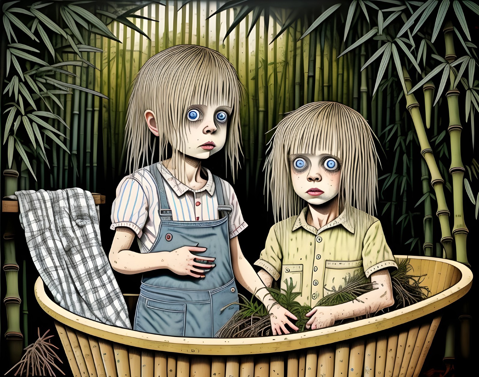 Eerie Children in Vintage Tub Surrounded by Bamboo