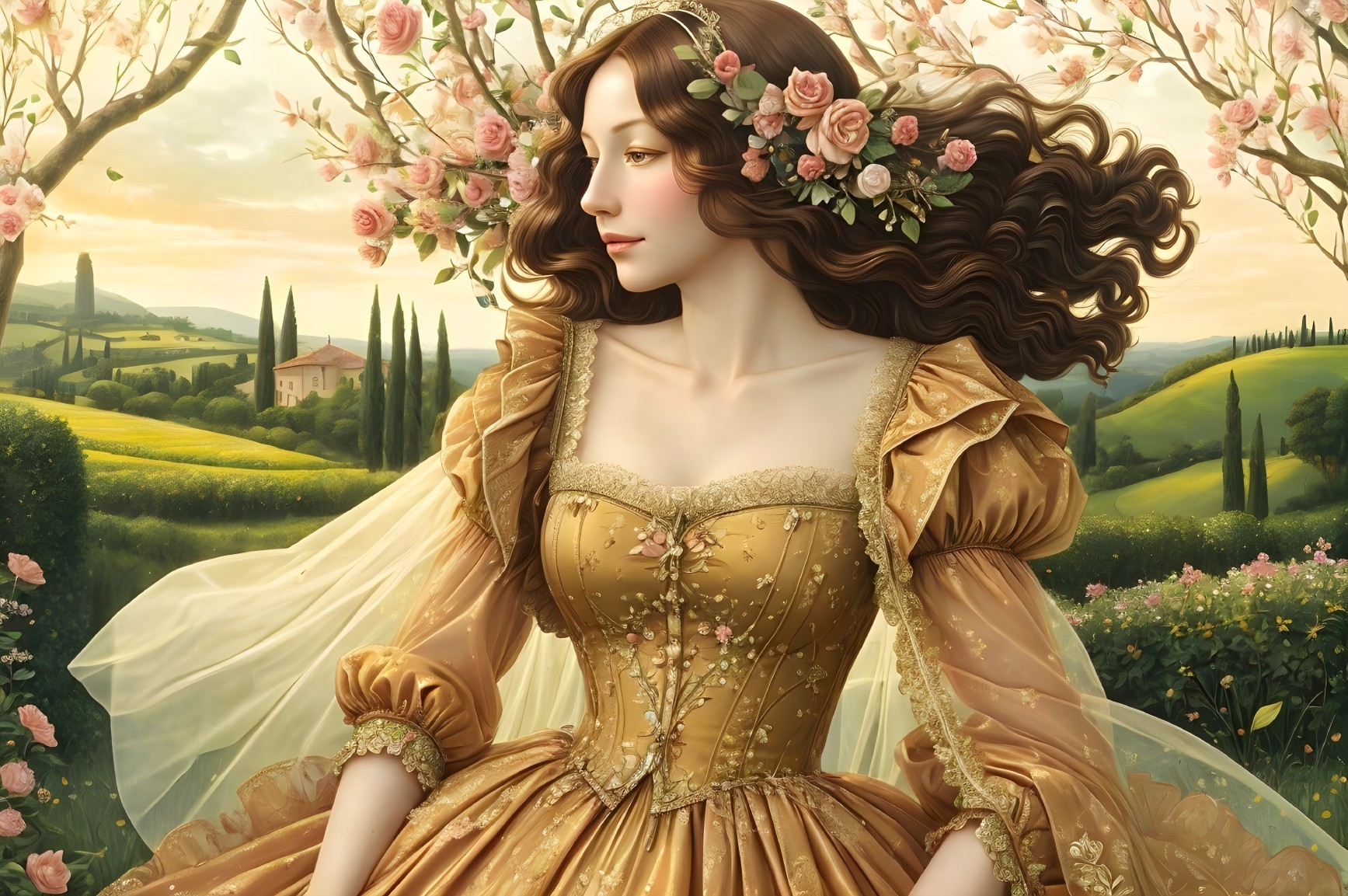Serene Woman in Golden Gown Amidst Blossoming Trees