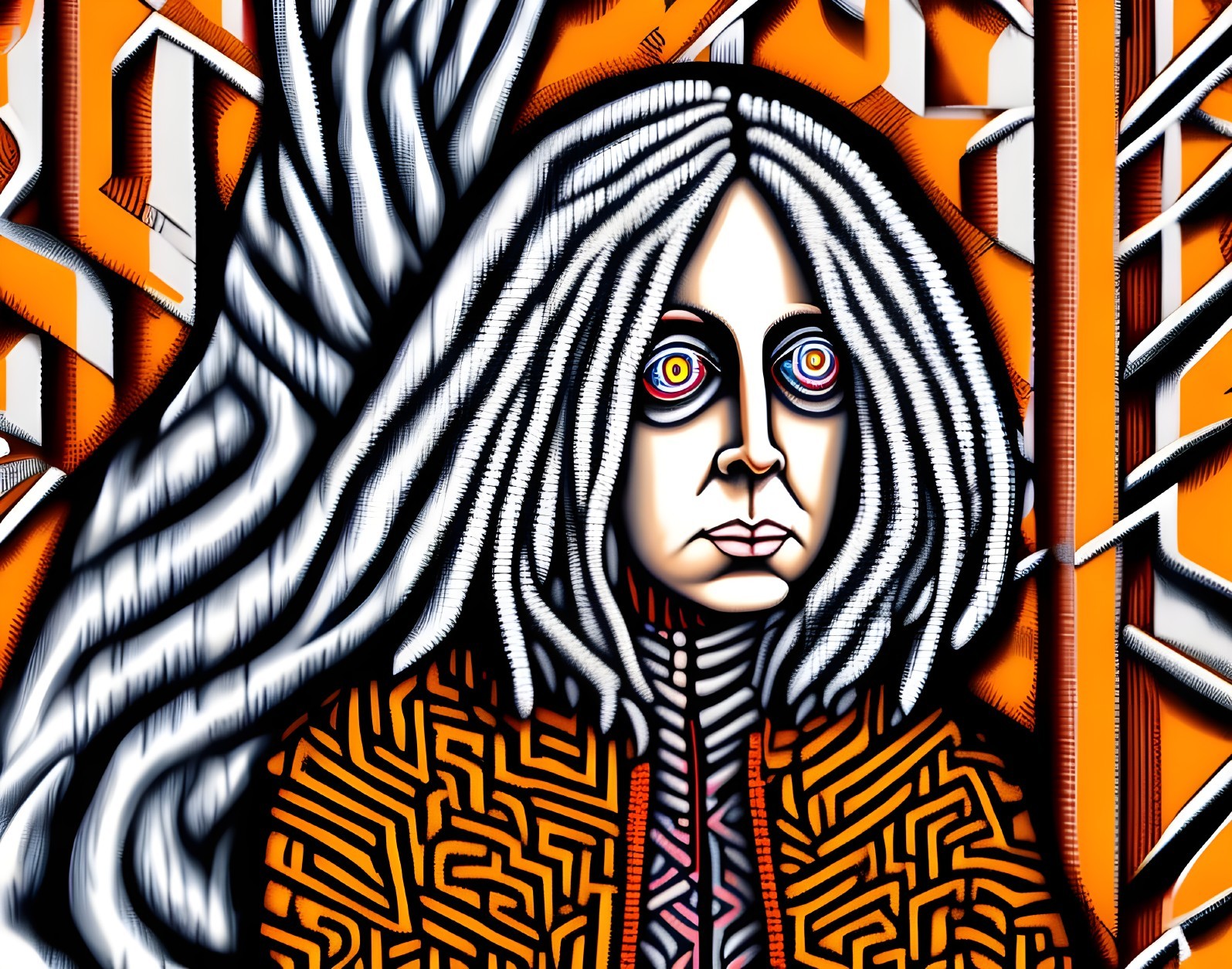 Stylized figure with flowing hair and vibrant background