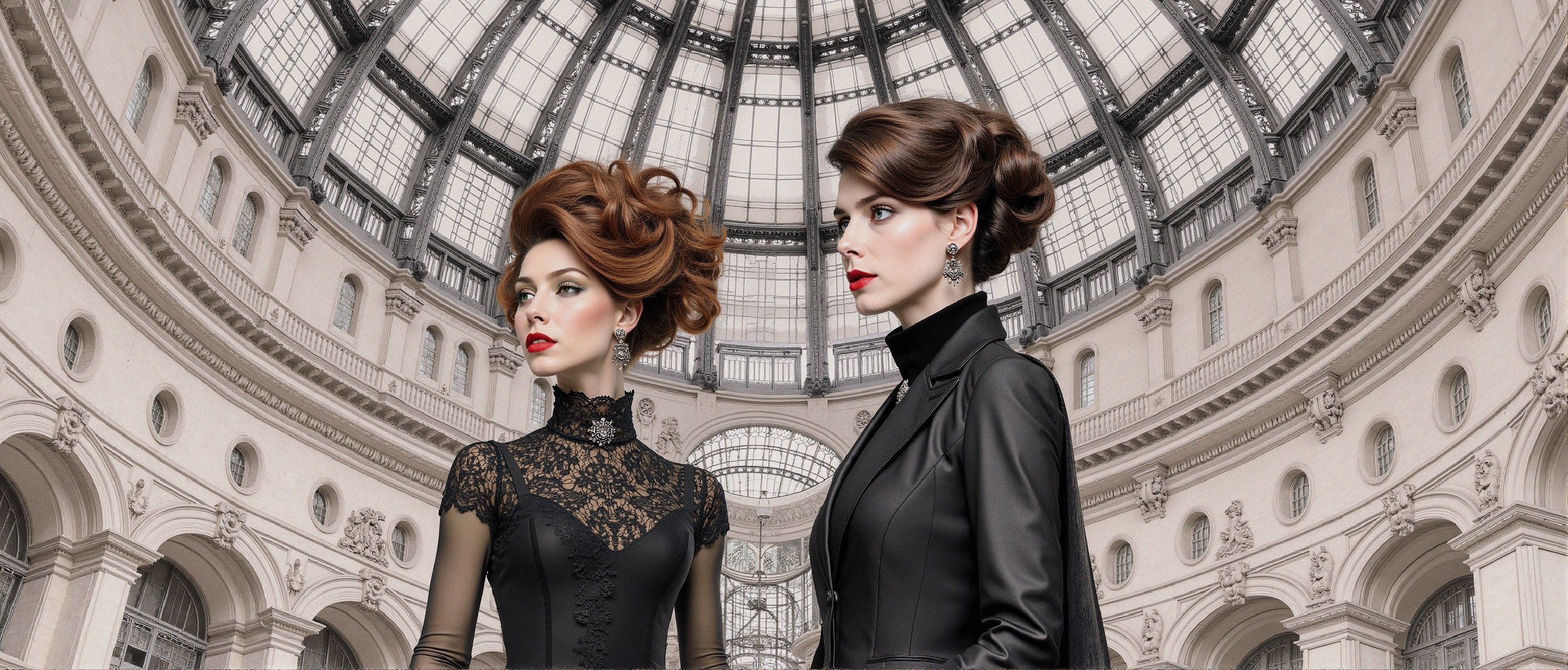 Models in Elegant Fashion within Grand Architecture