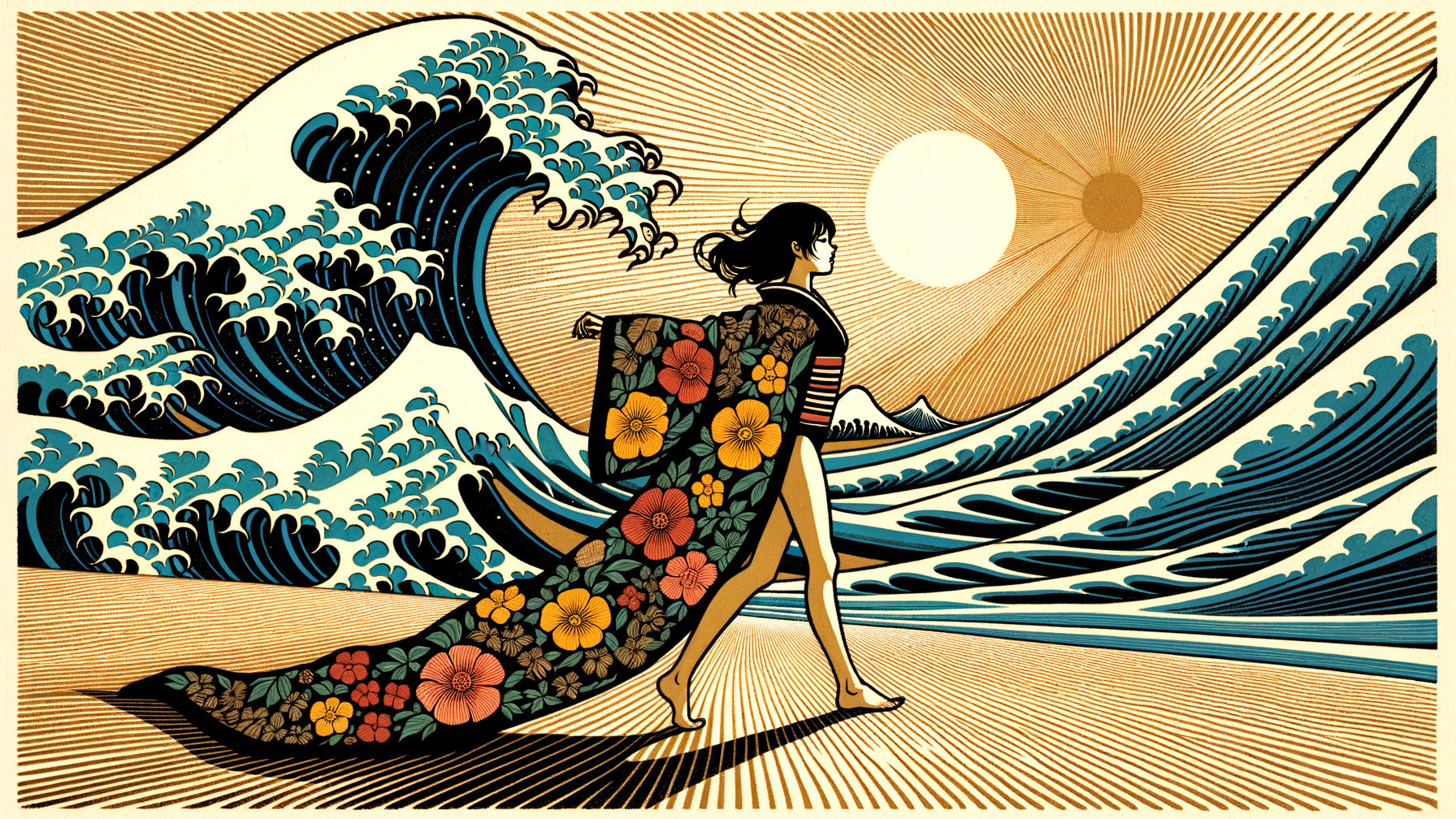 Kimono-Clad Figure on Beach with Vibrant Waves and Sun