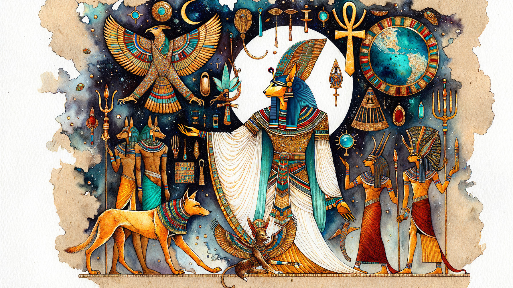 Ancient Egyptian Mythology Scene with Deities and Symbols