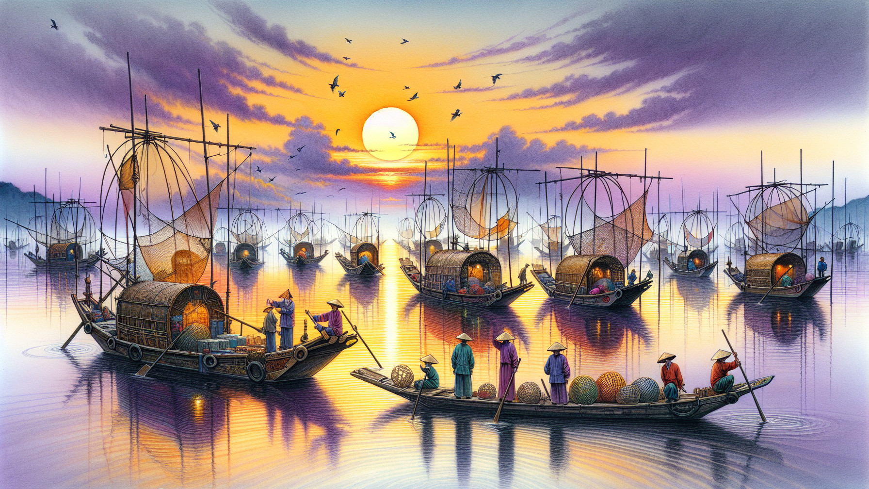 Twilight Scene of Fishing Boats on a Calm Lake