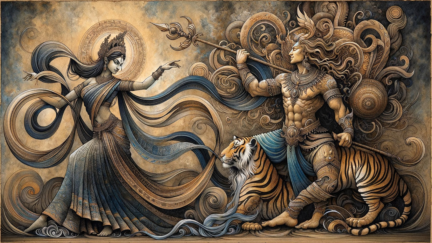 Goddess and Warrior Scene with Earthy Tones and Patterns
