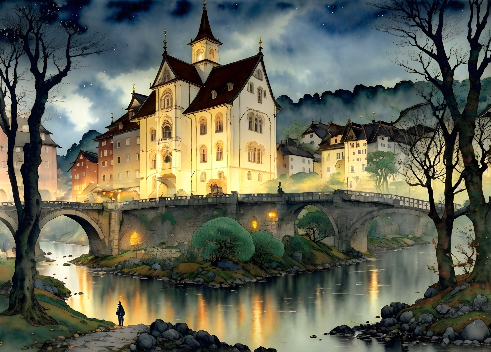 Twilight Town Scene with Illuminated Church and Bridge