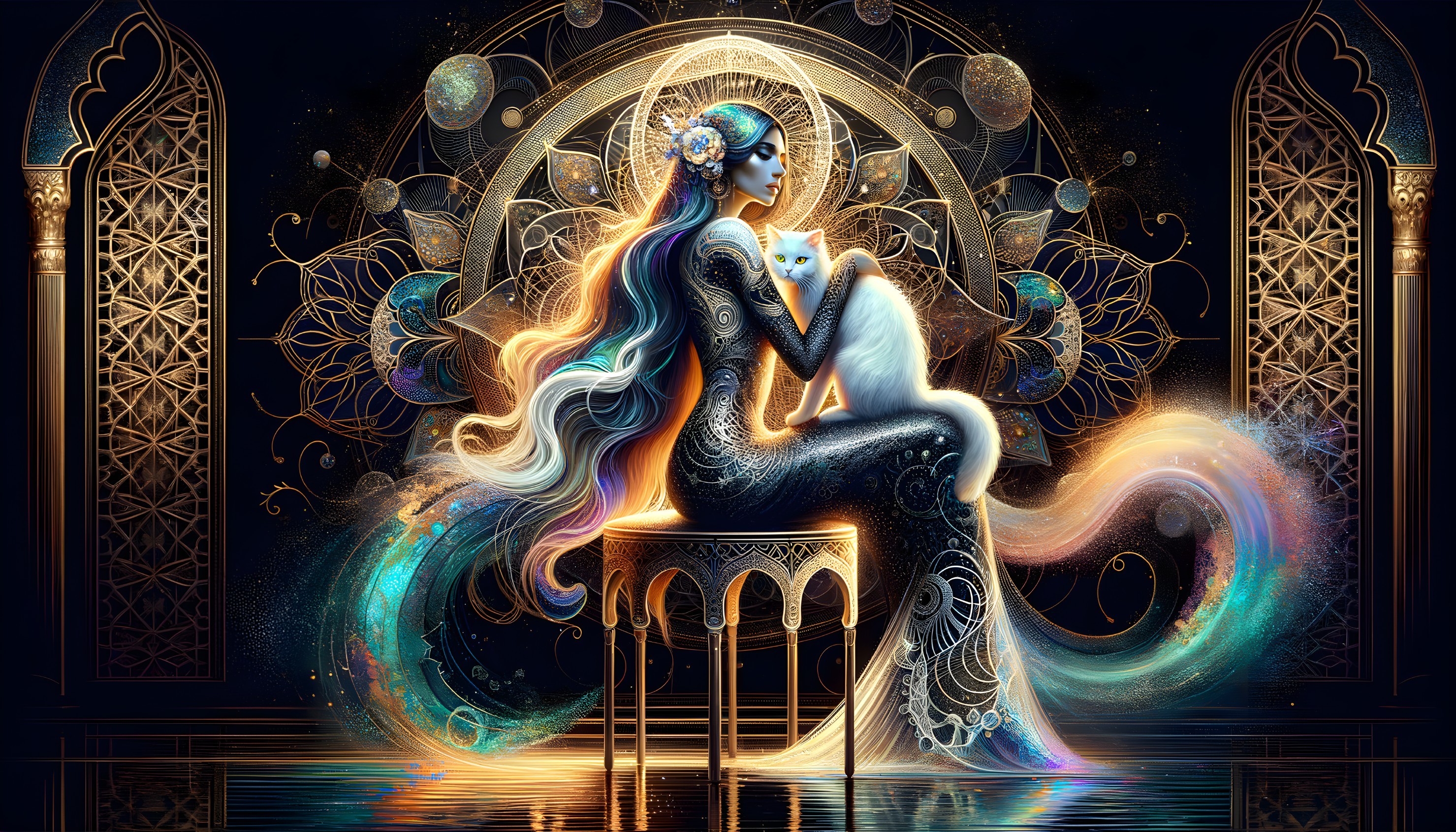 Mystical Figure with Iridescent Hair and Cat