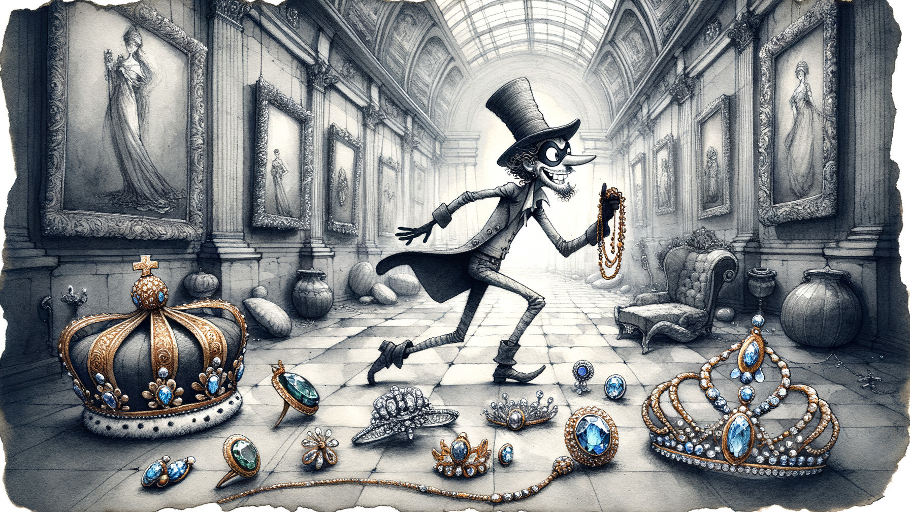 Whimsical Scene of Jewelry and a Sly Character