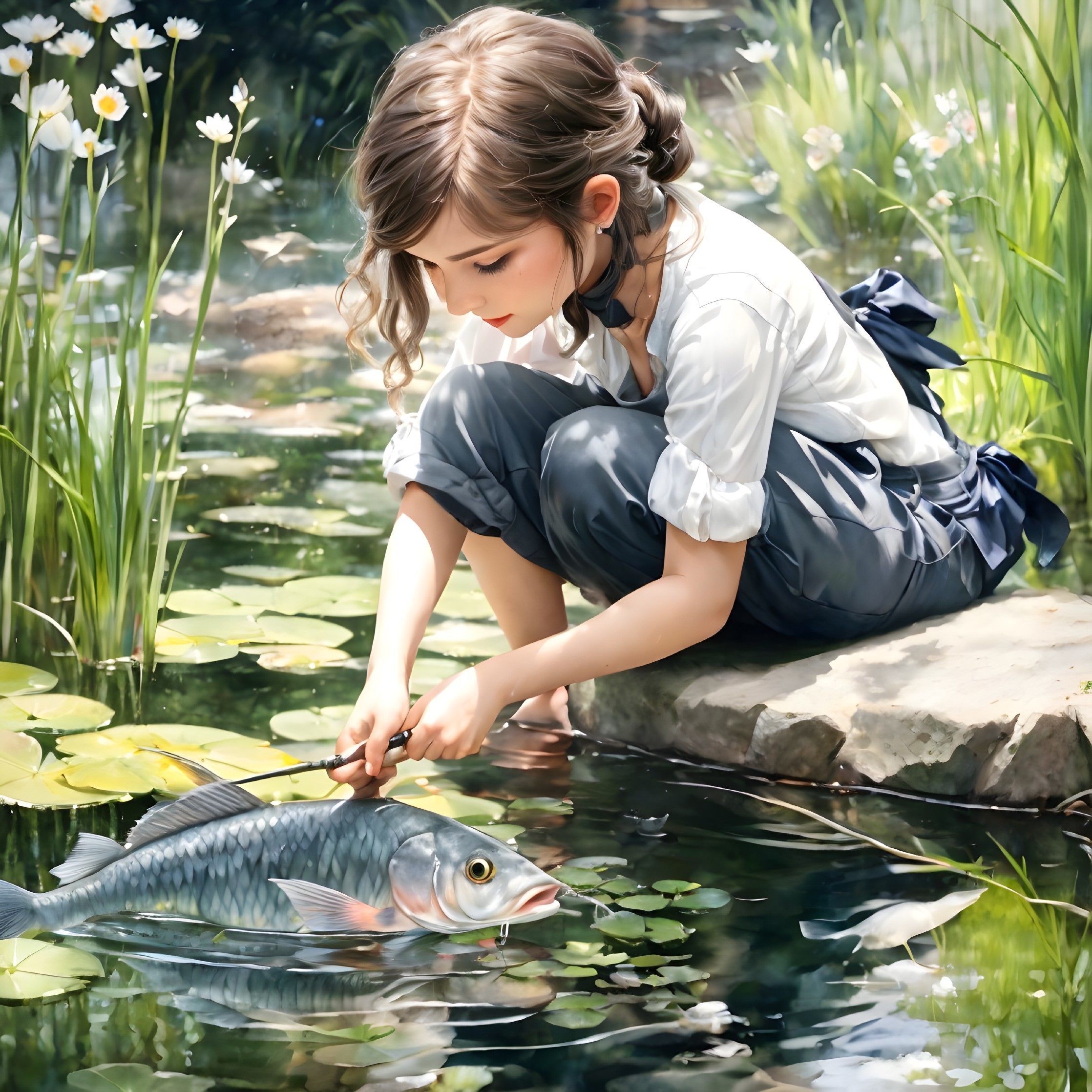 Girl in vintage clothing interacting with fish in pond