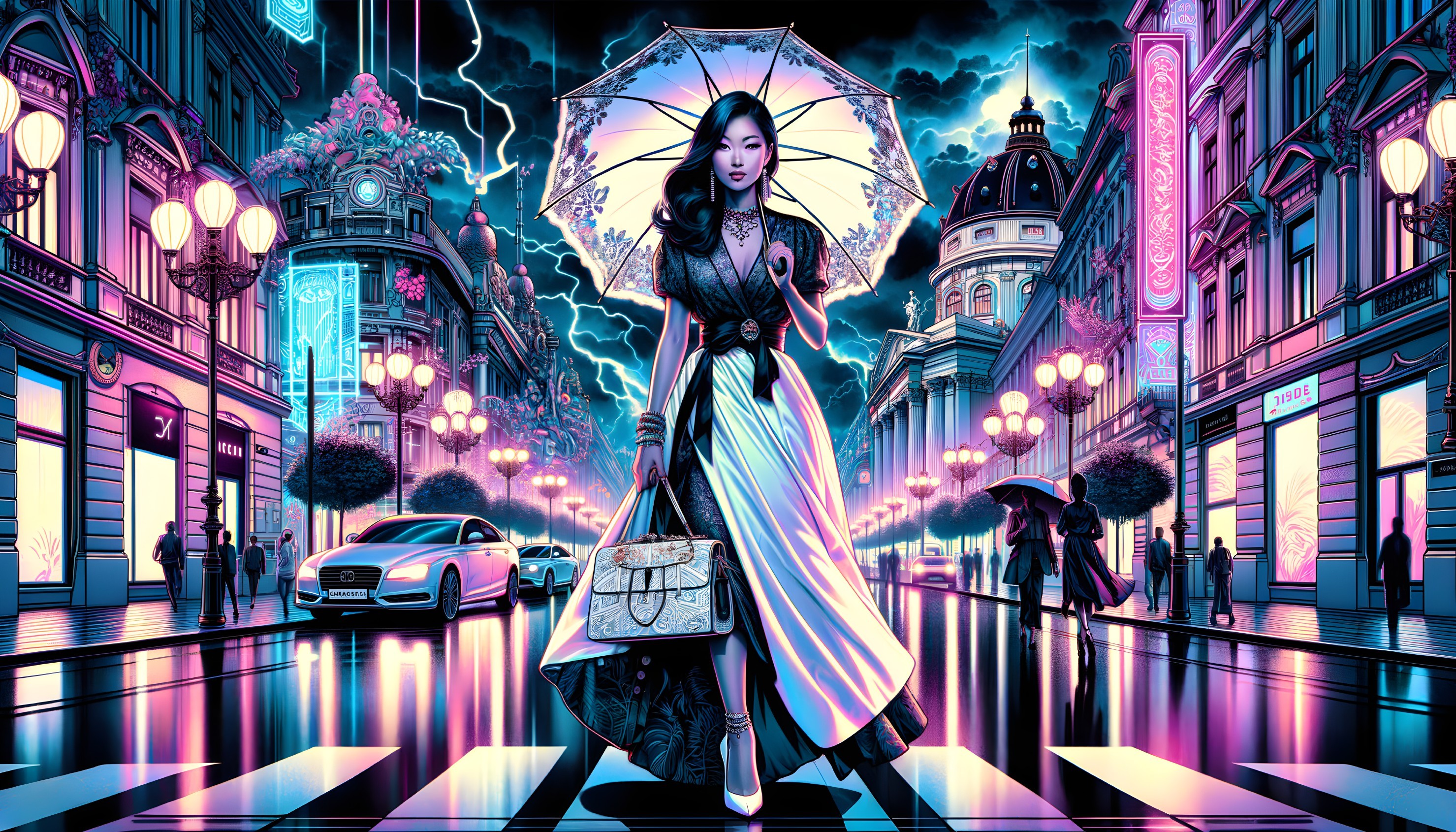 Urban Scene with Neon Lights and Stormy Sky