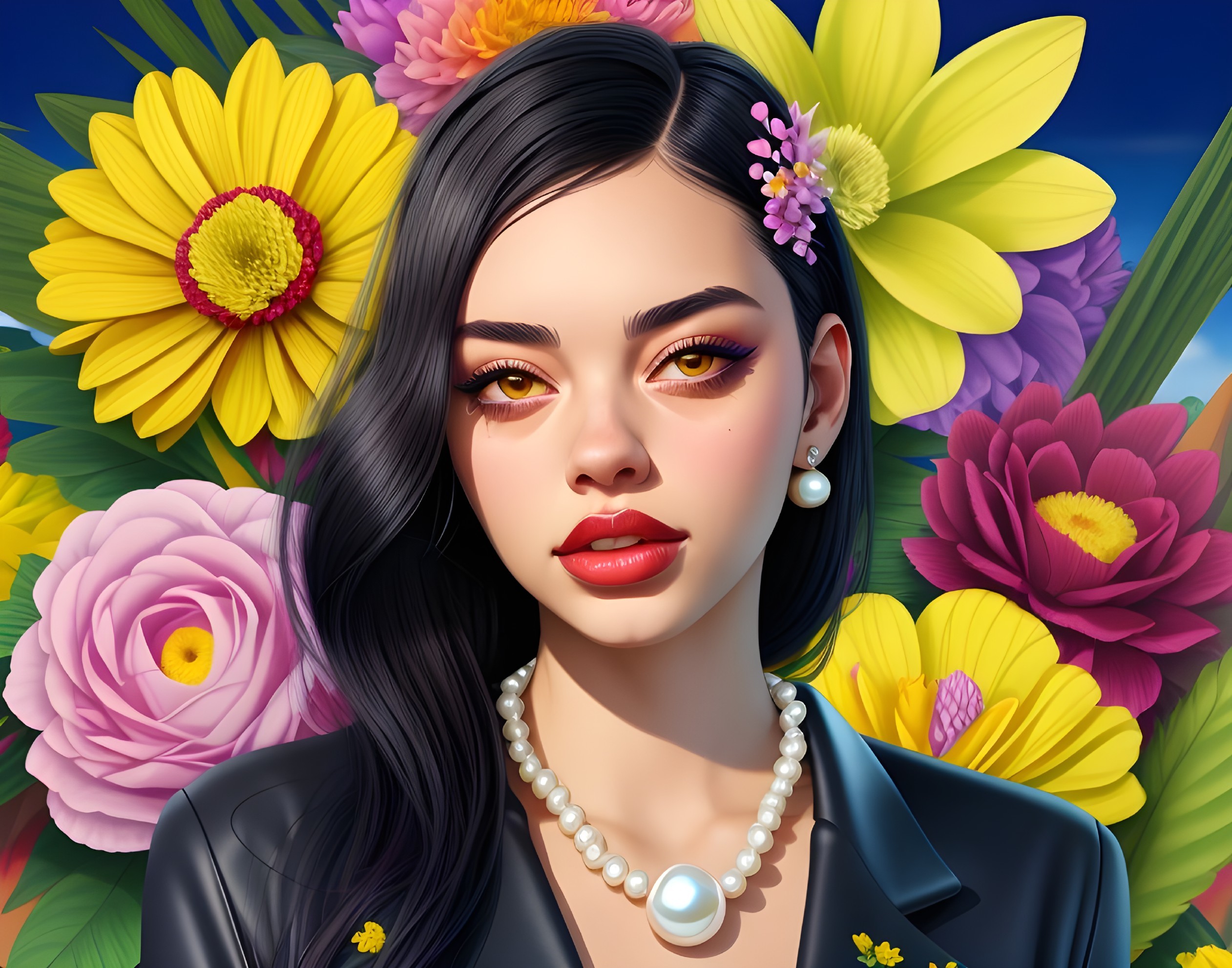 Young Woman with Long Hair in Flower-Filled Setting