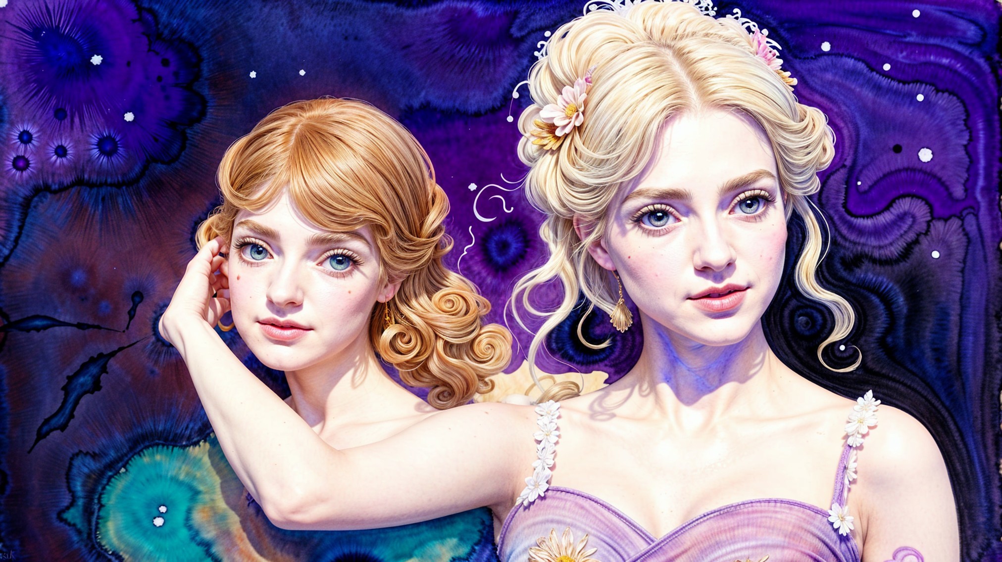 Ethereal Figures in Pastel Gowns on Purple Background