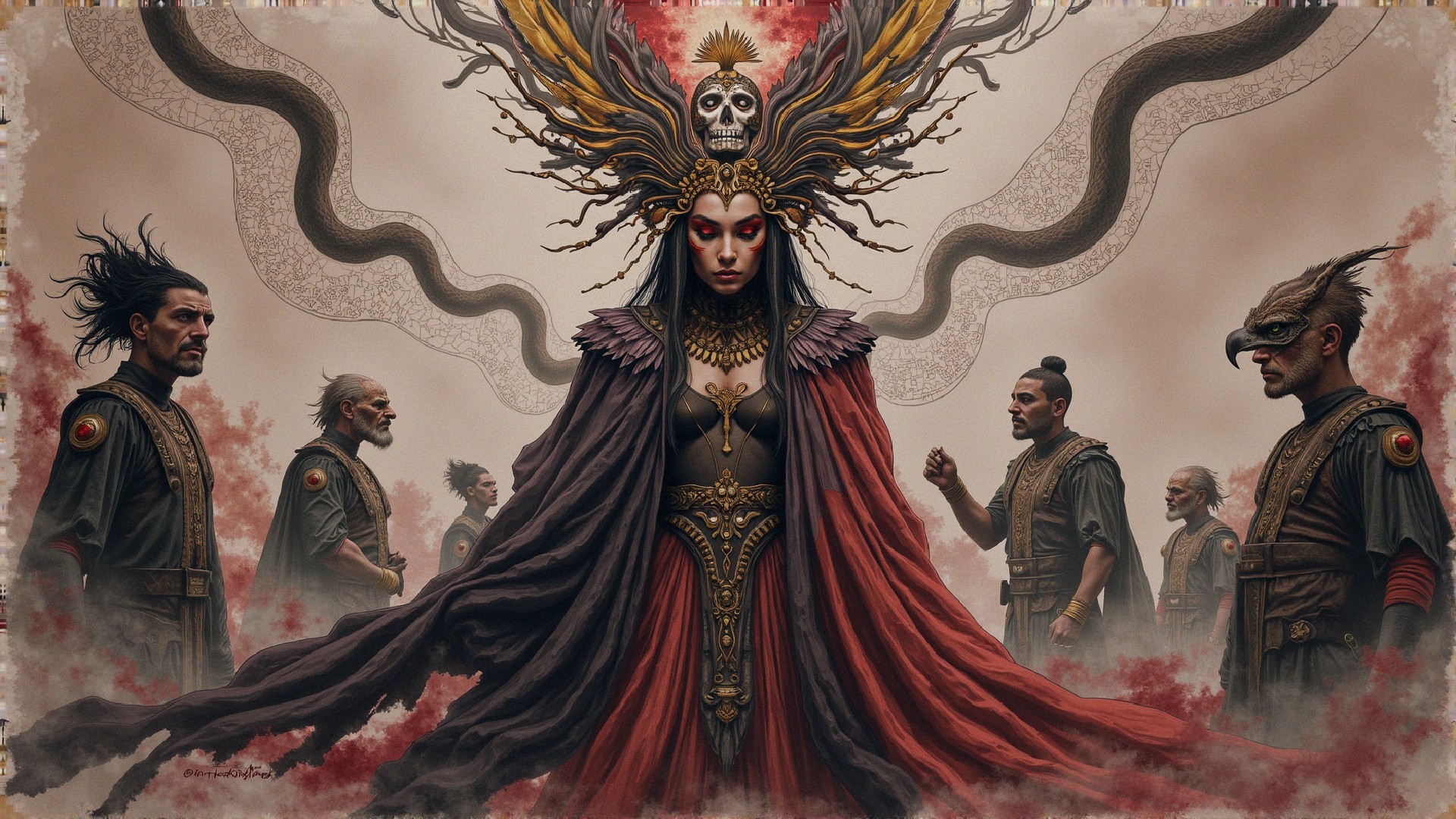 Dark Fantasy Scene with Central Figure and Six Characters