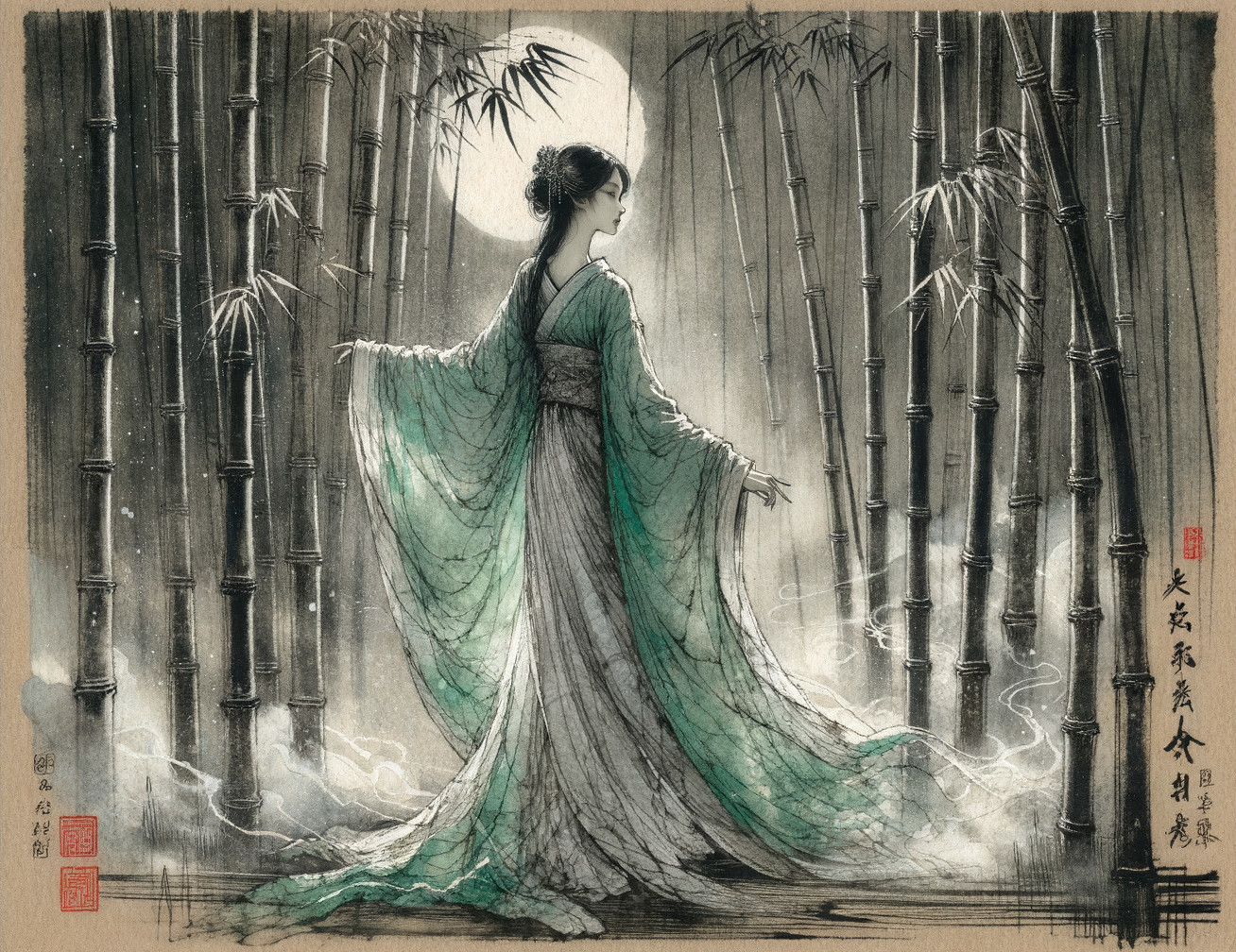Ethereal Figure in Bamboo Forest Under Moonlight