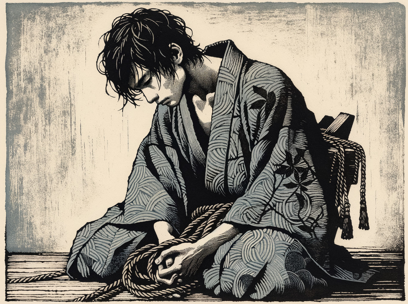 Young man in kimono in contemplative pose with rope