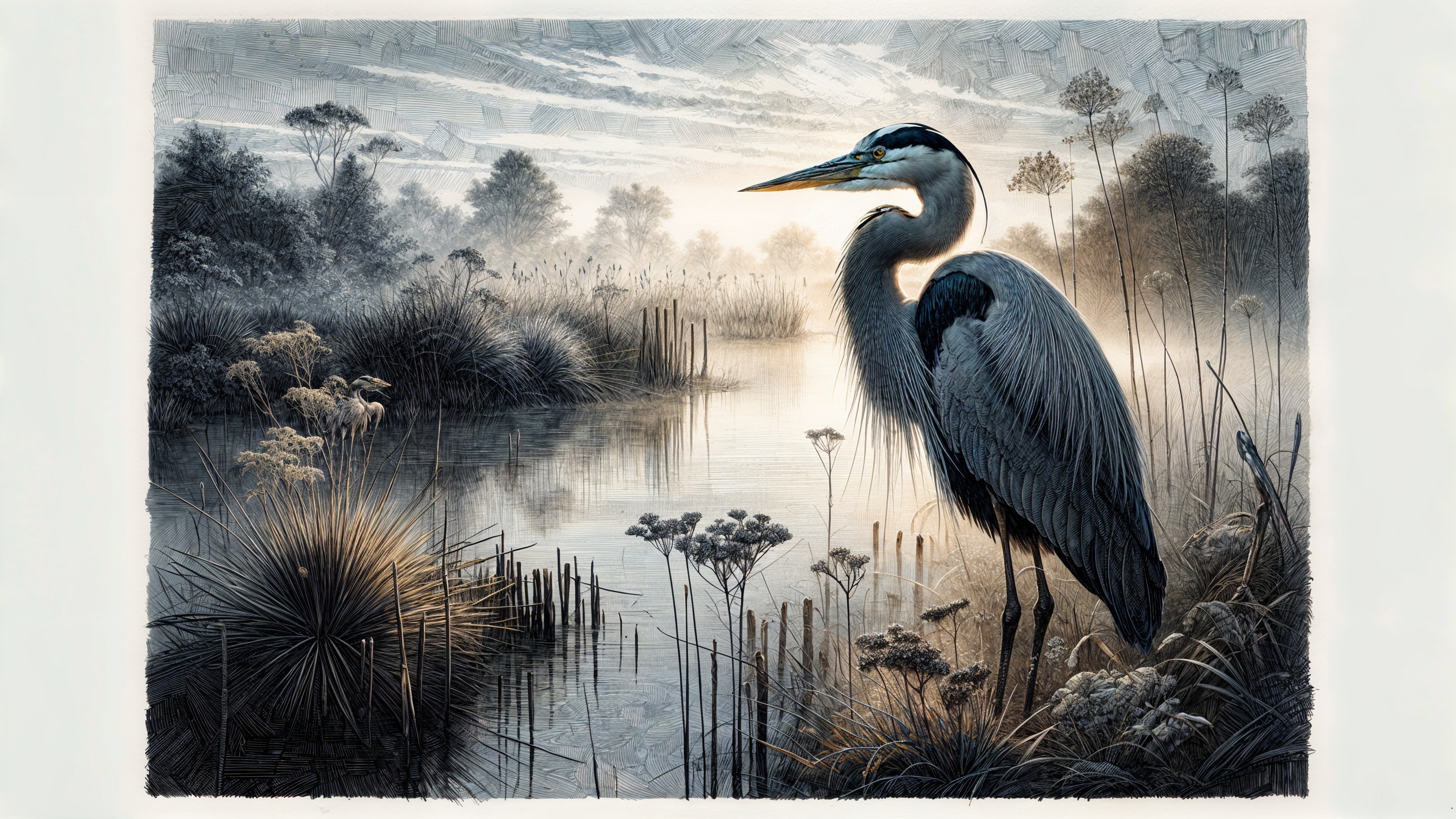 Heron by Tranquil Pond in Morning Light