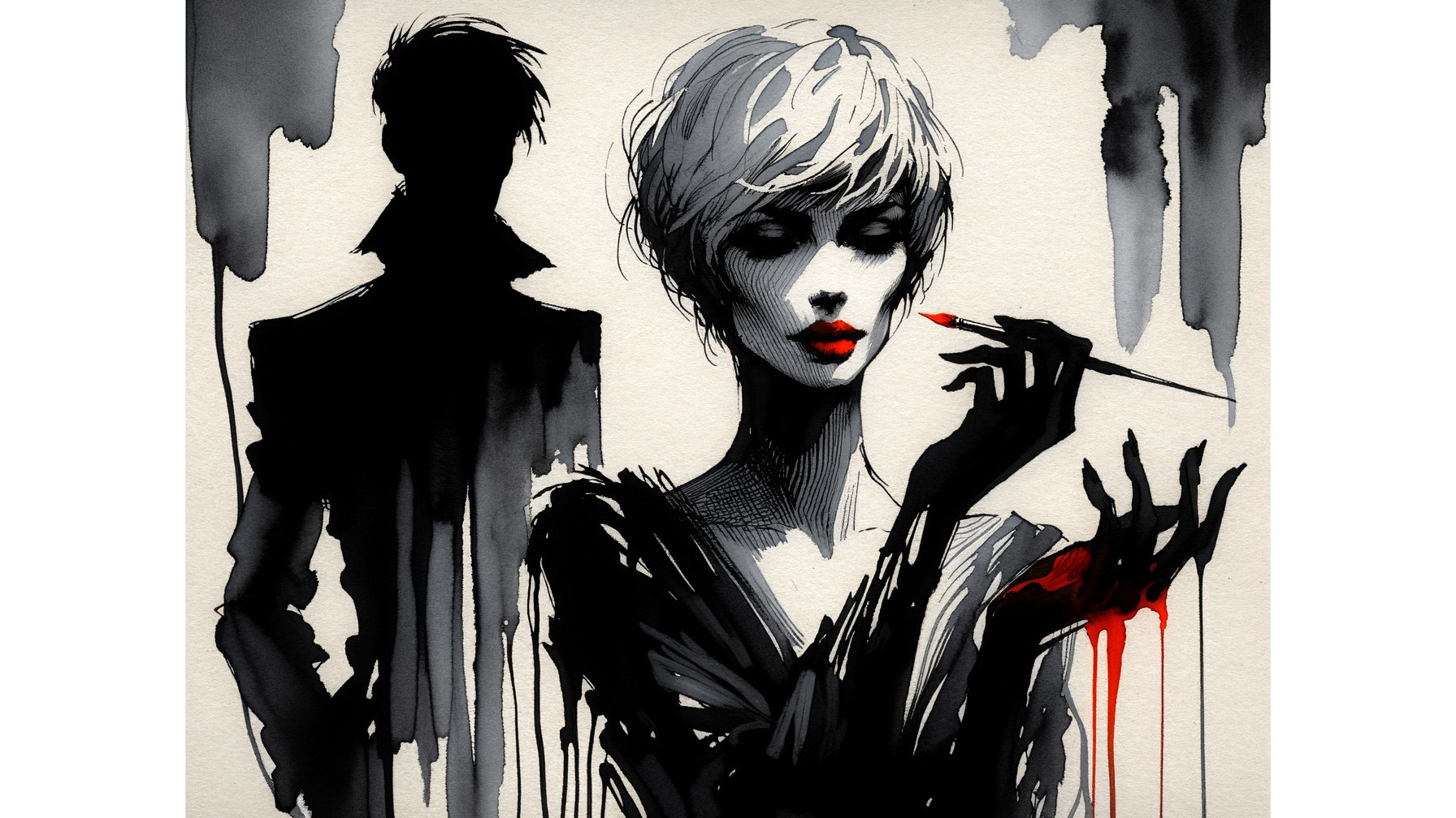 Black and White Artwork with Red Highlights and Mystery