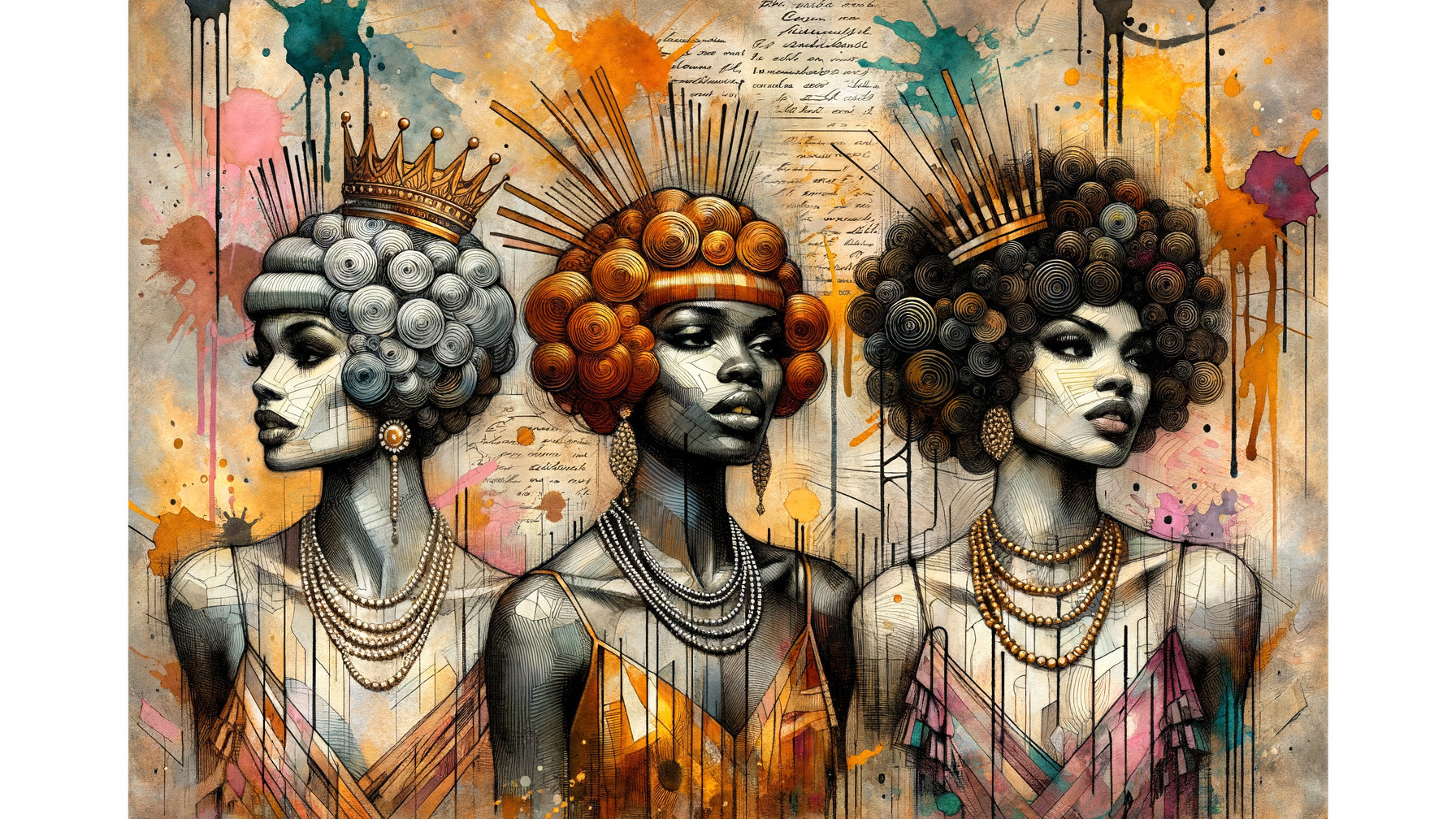 Stylized Women with Crowns and Vibrant Backgrounds