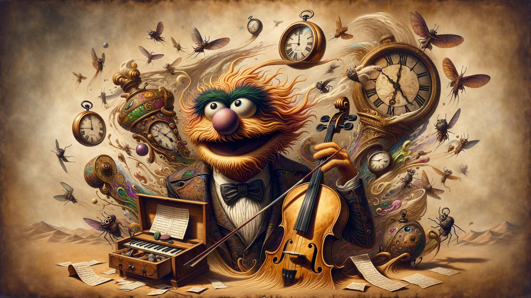 Whimsical Character with Violin in Surreal Setting