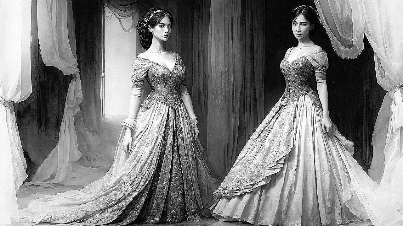 Elegant Women in Intricate Gowns in Soft Lighting