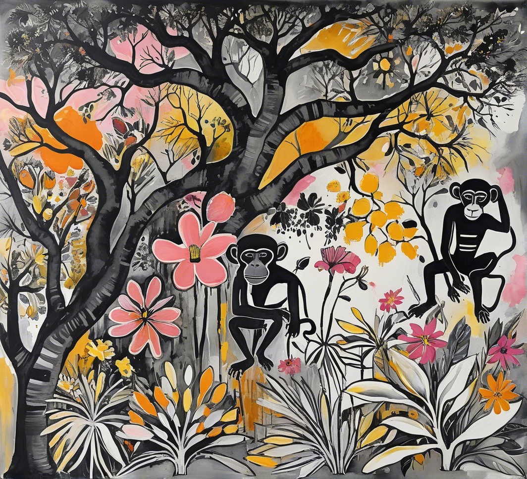 Vibrant Jungle Scene with Stylized Monkeys and Flora