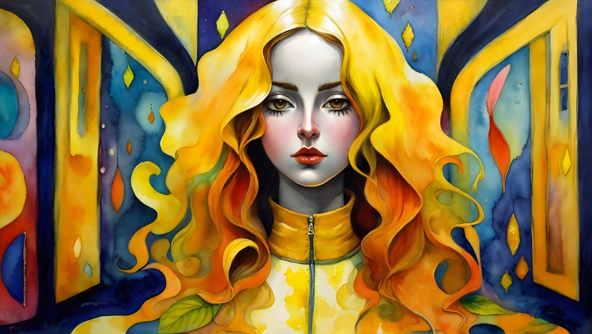 Portrait of a Woman with Golden Hair and Abstract Background