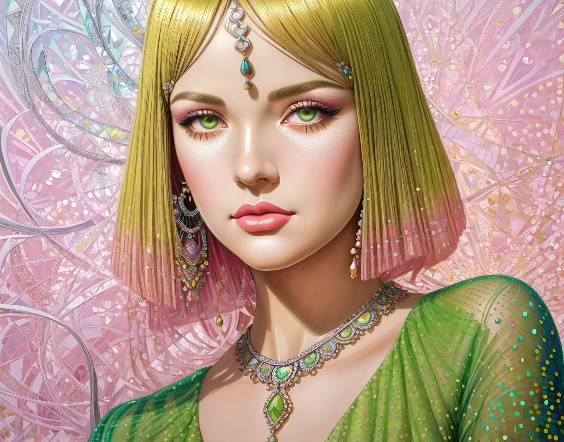 Striking Woman with Green Eyes and Jewelry Details