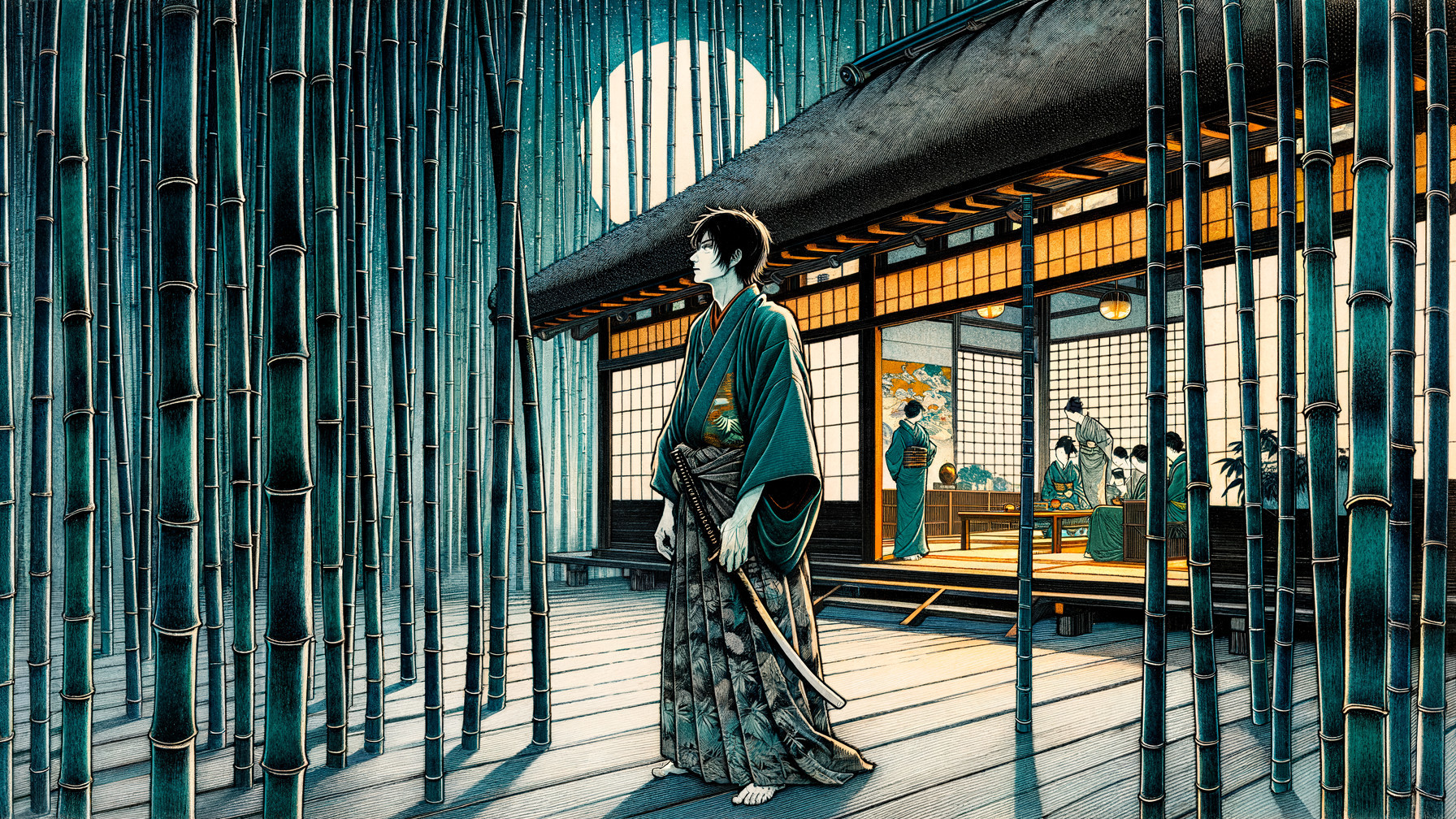 Moonlit Scene of Figure in Bamboo with Warm House Light