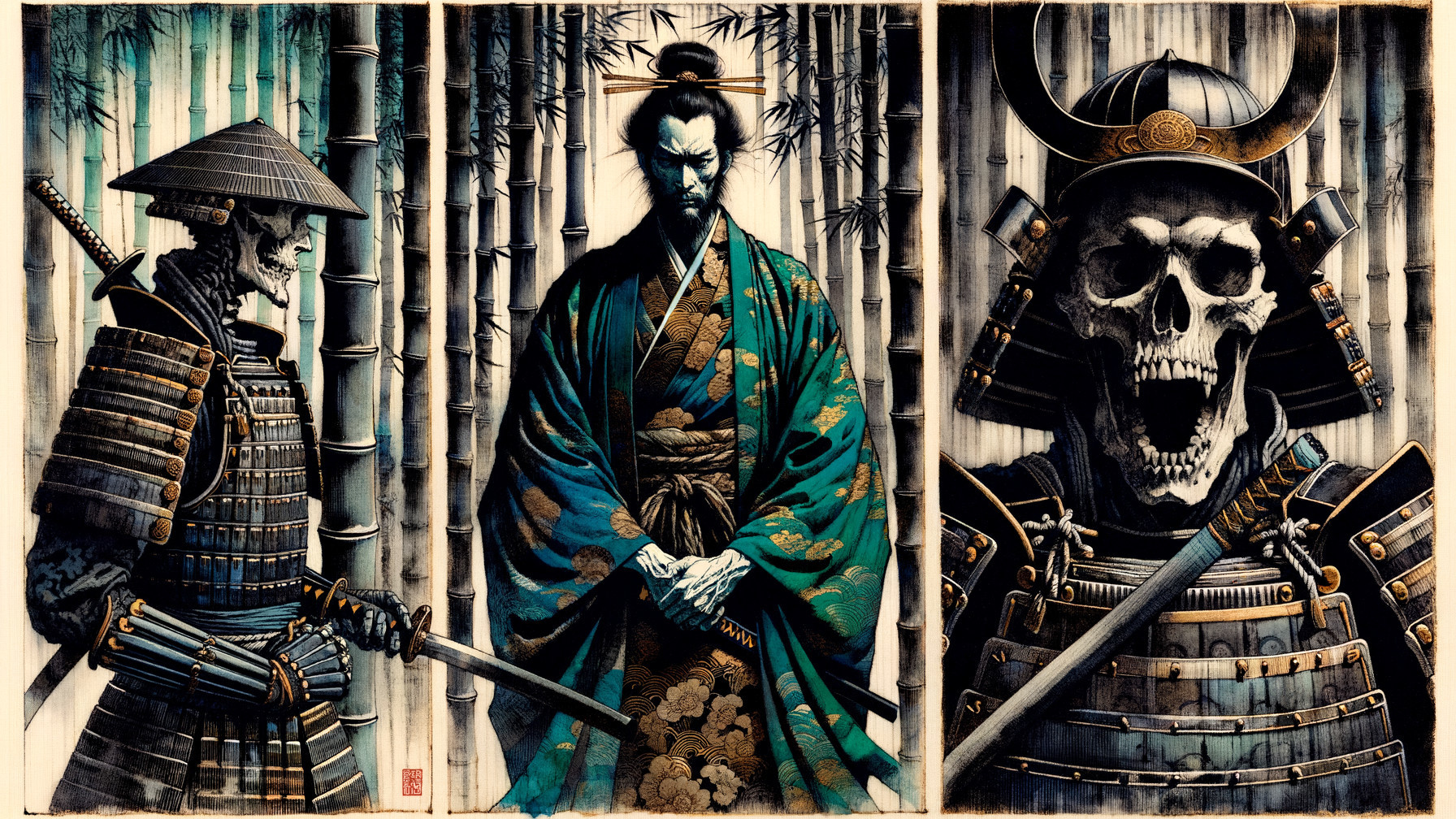 Three Distinctive Warriors Against Bamboo Backdrop