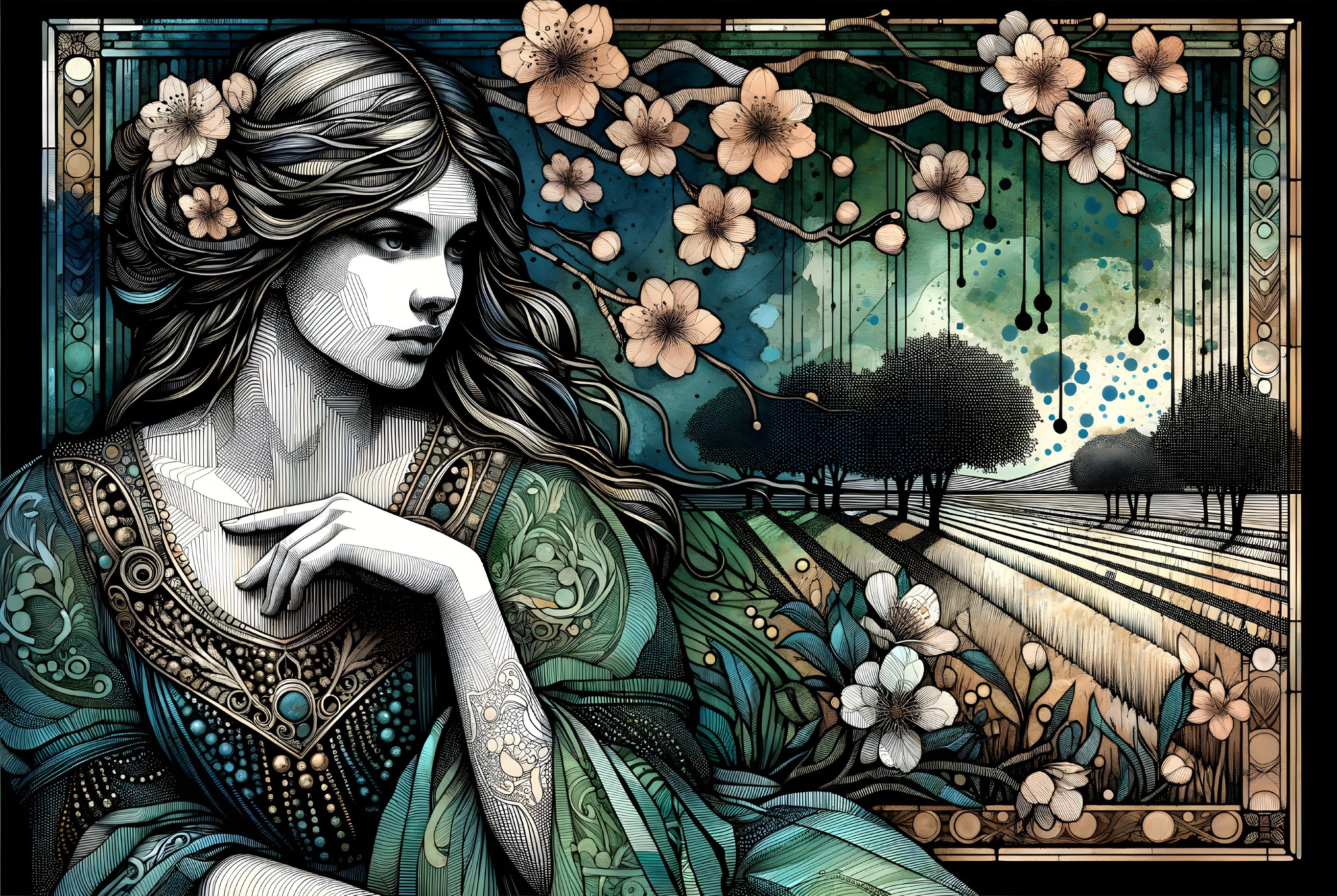 Serene Woman in Flowing Garments Surrounded by Flowers