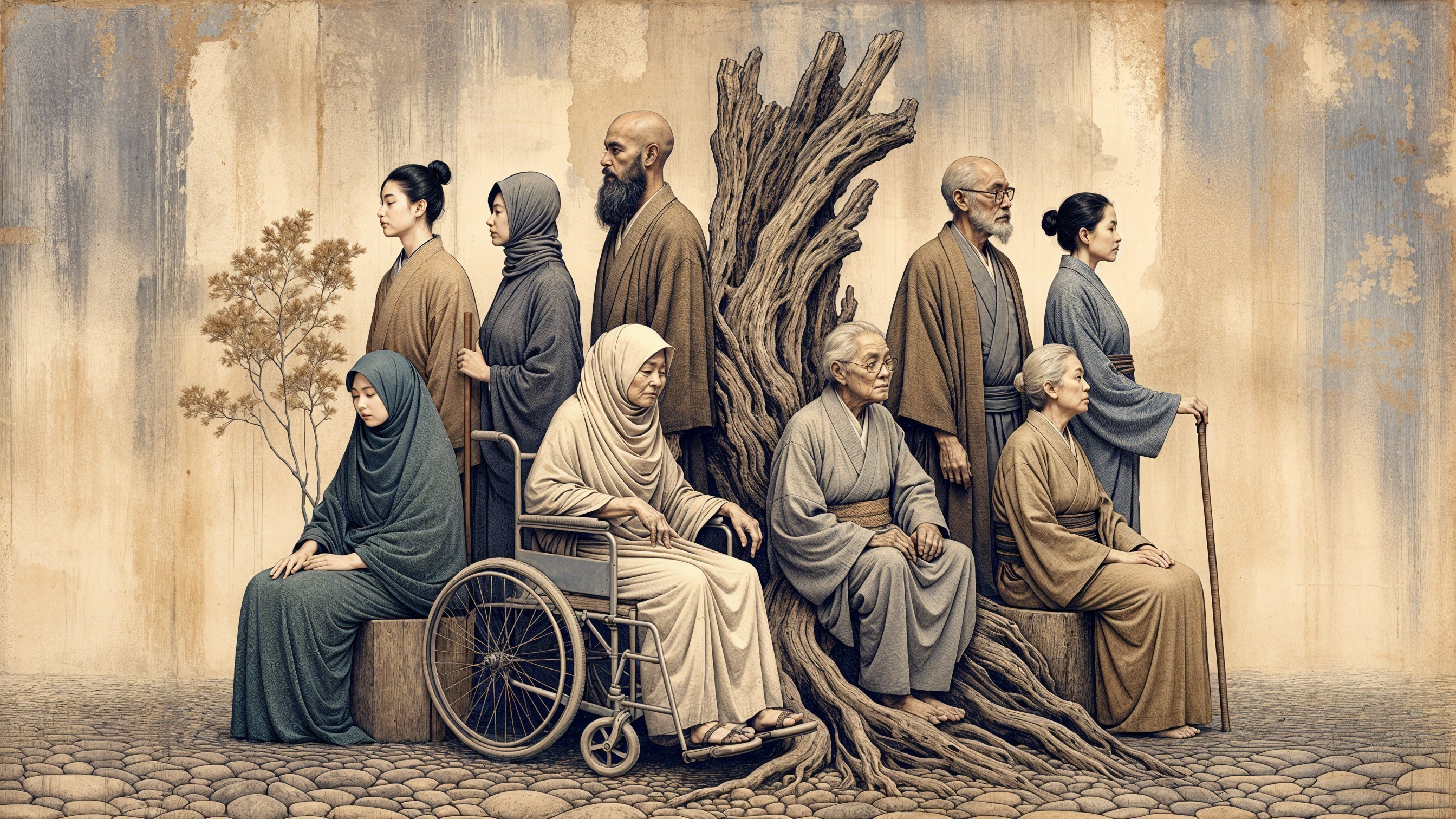 Diverse Generational Group Beside Gnarled Tree