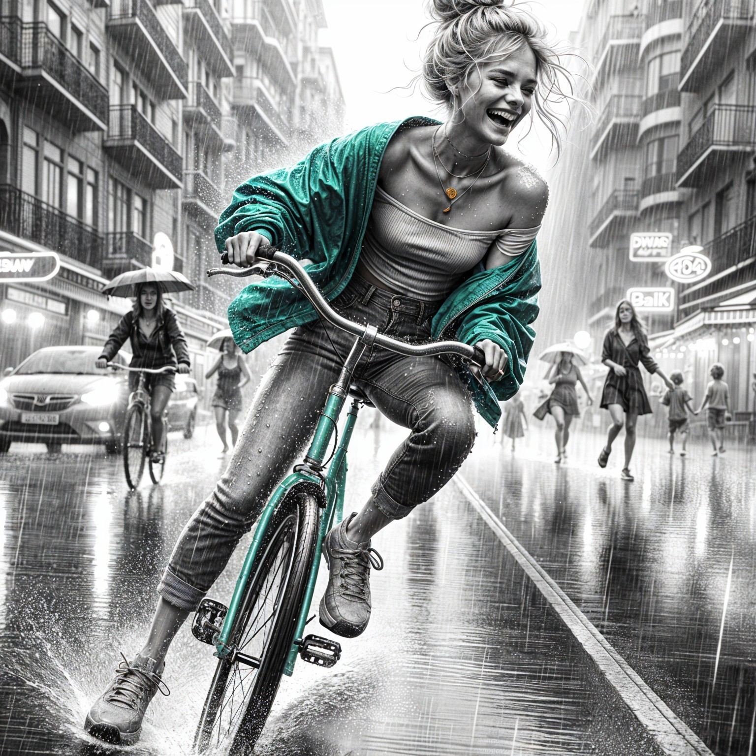 Joyful Bicycle Ride in a Rainy Urban Setting