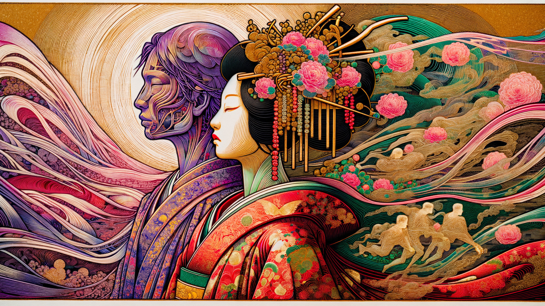 Psychedelic Line-Art of Japanese Figures in Vibrant Colors