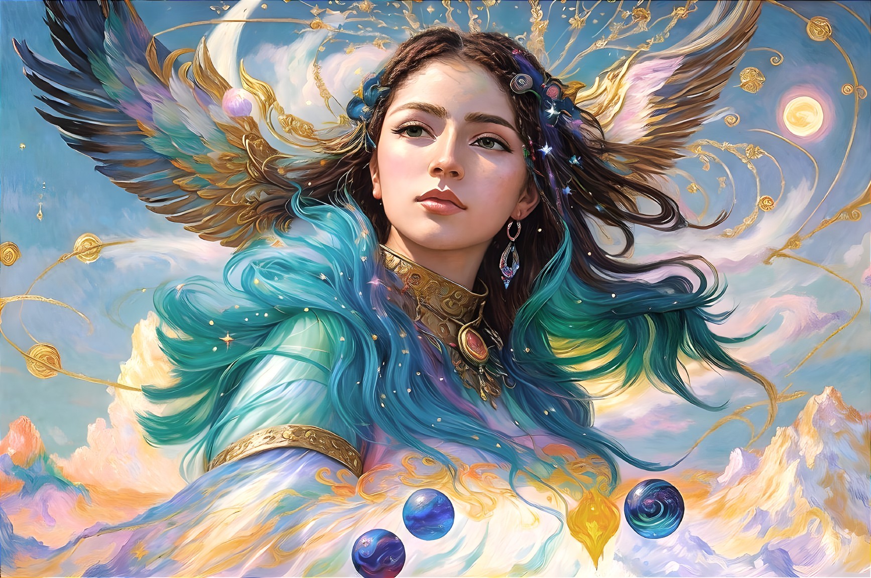 Majestic figure with turquoise hair and ethereal wings