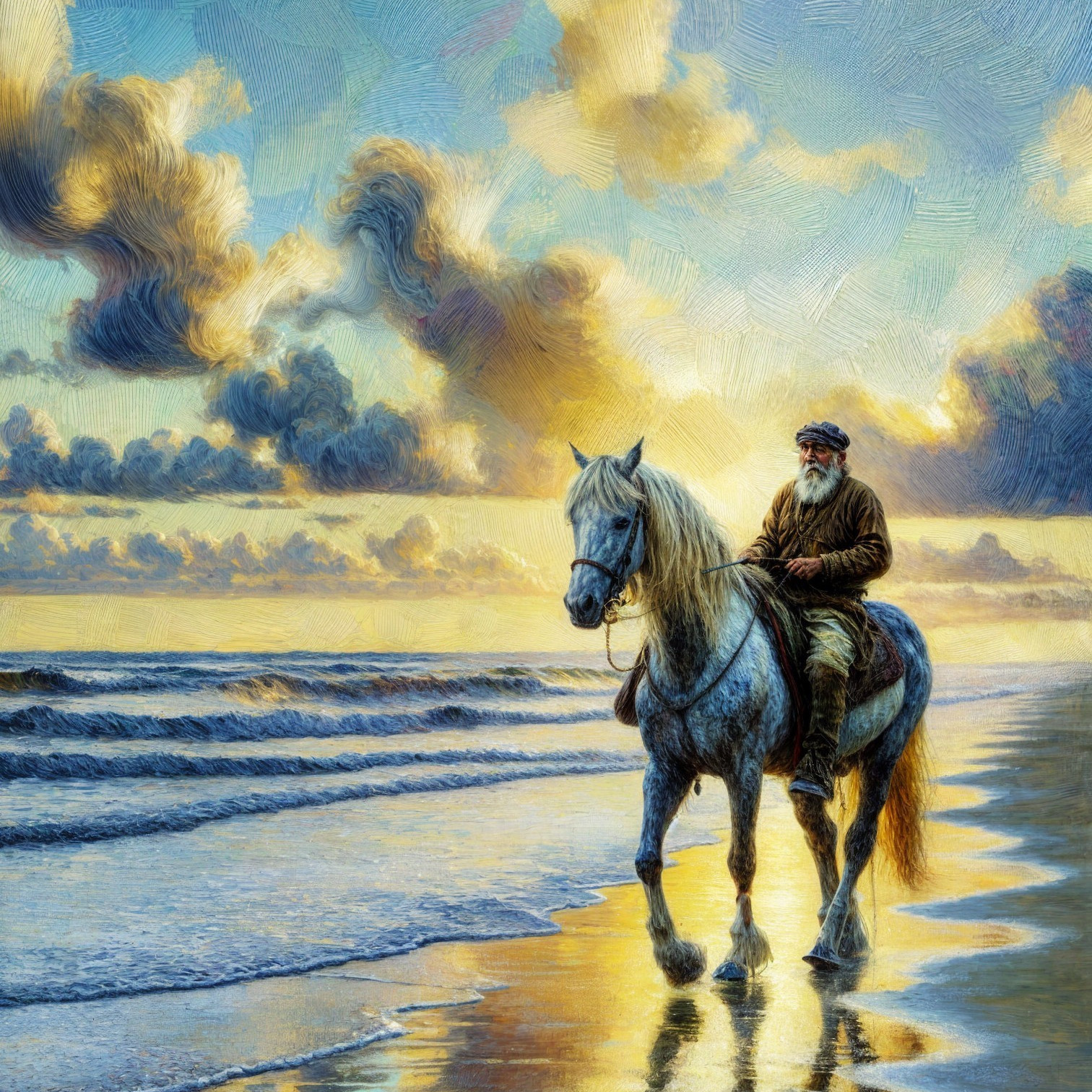 Elderly Man on White Horse at Sunset Beach Scene