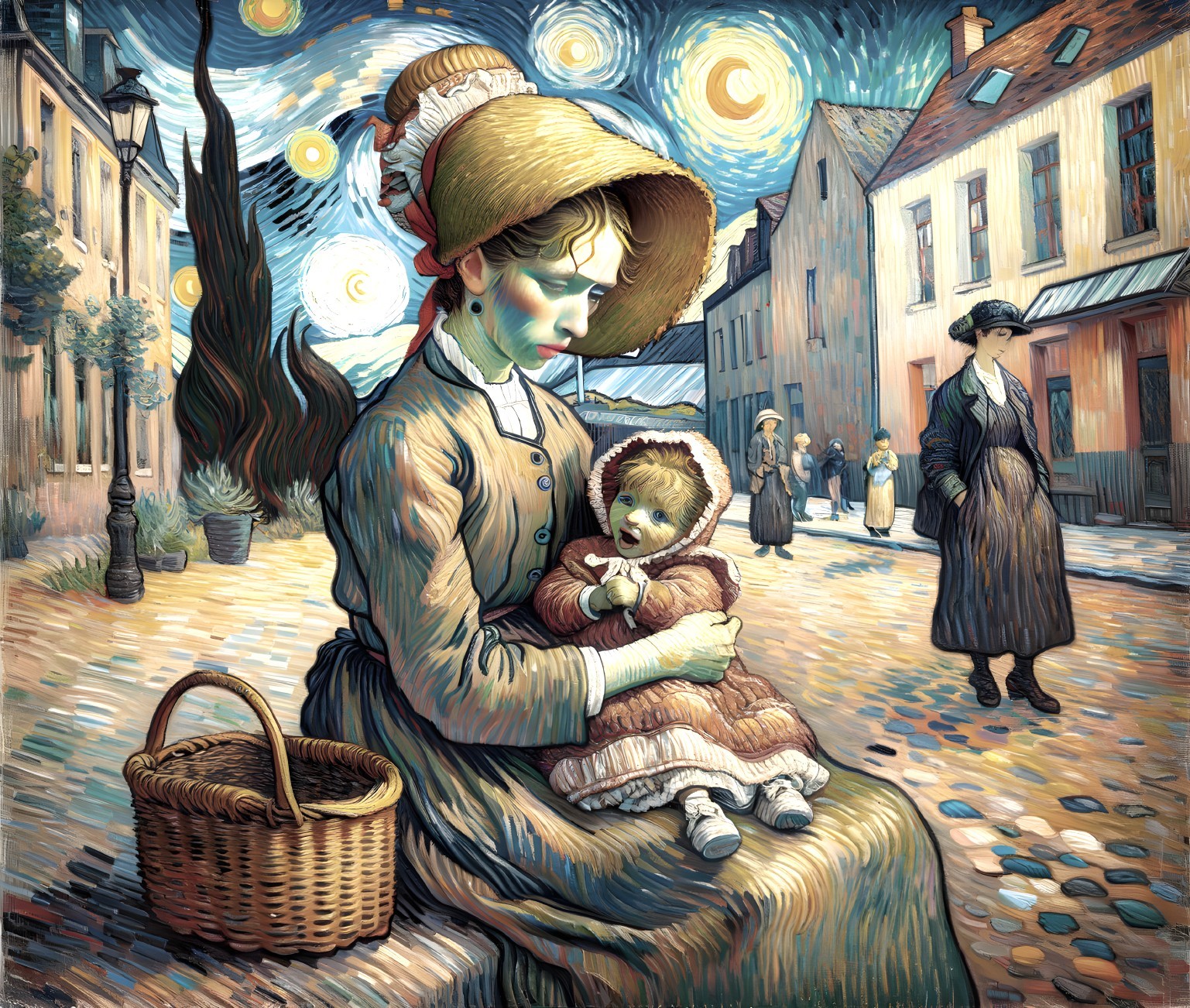 Van Gogh-Inspired Illustration of Woman with Teddy Bear