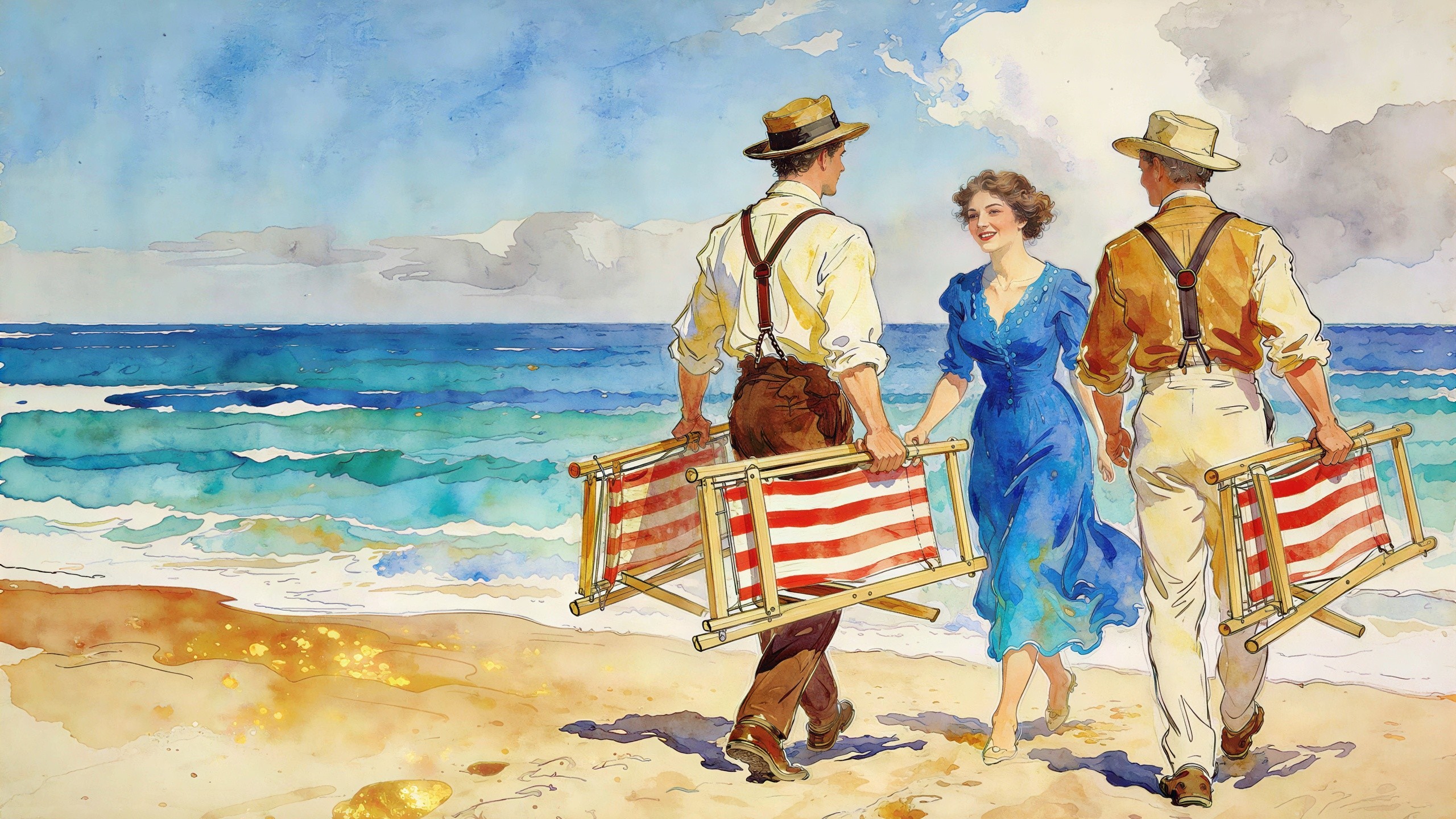 Watercolor Scene of Three People at a Beach