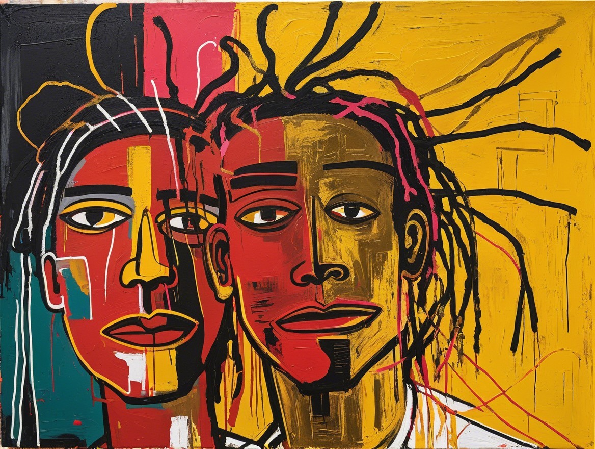 Abstract Faces in Bold Colors on Vibrant Yellow Background