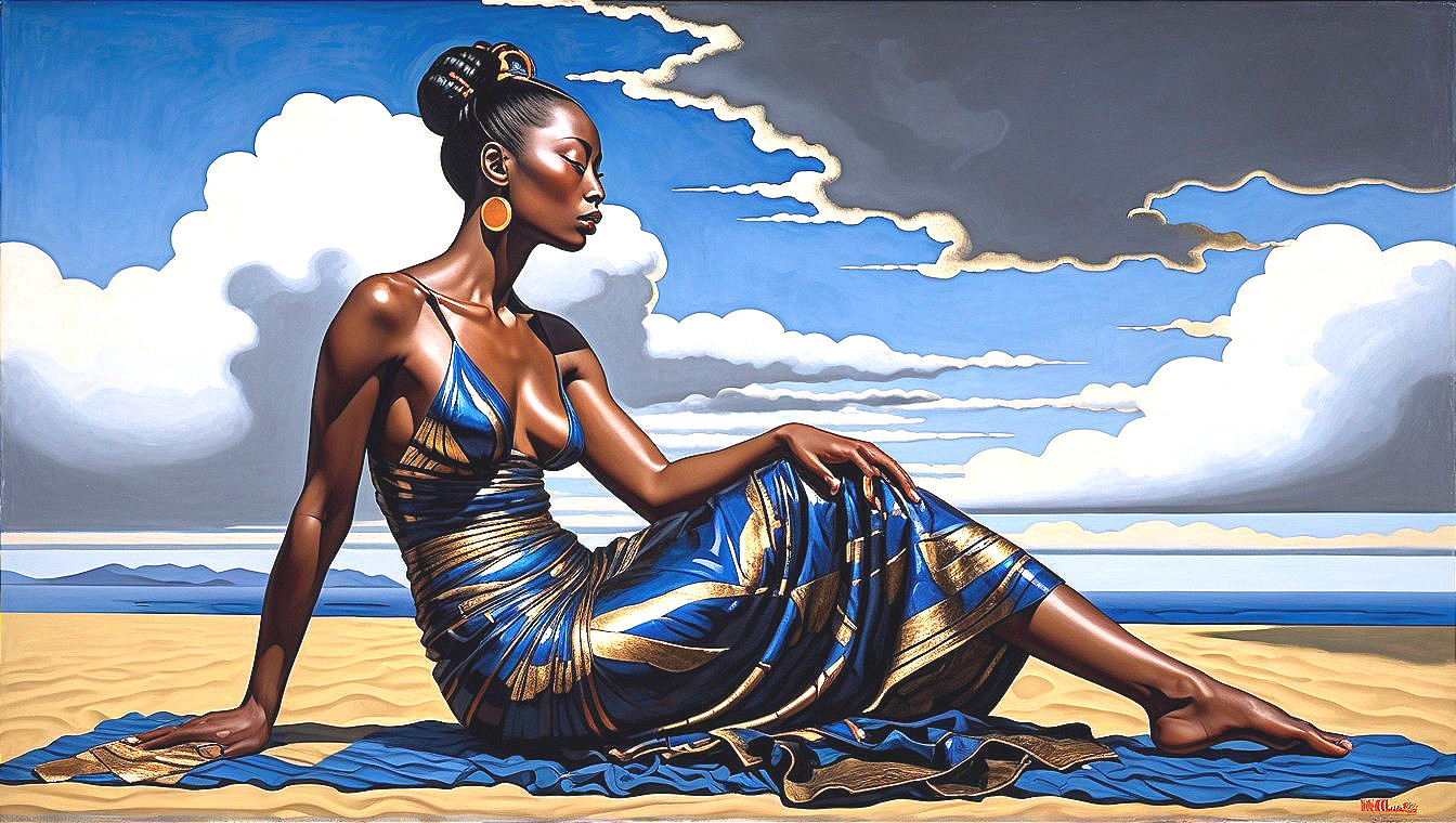 Woman in blue and gold dress on a sandy beach