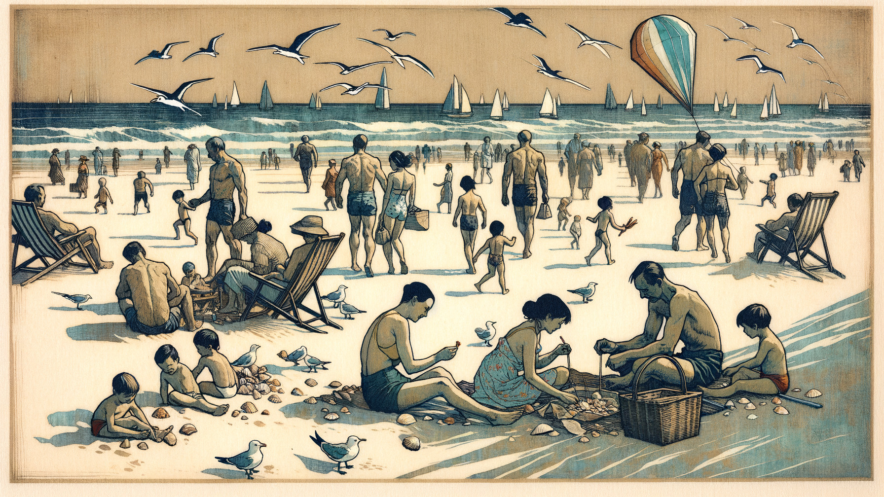 Vibrant Beach Scene with Families and Activities