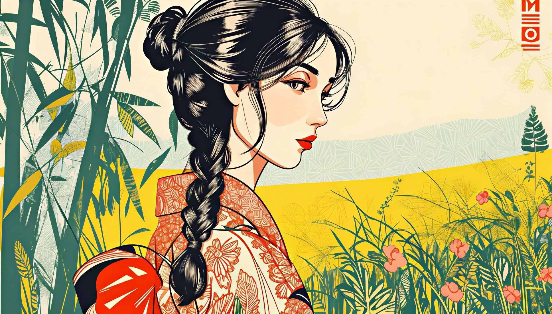 Illustration of Woman in Traditional Kimono Amid Nature