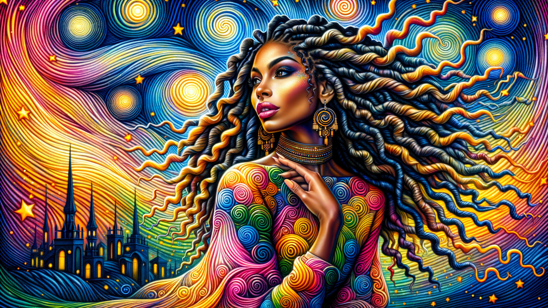 Vibrant Cosmos with Woman in Spiral Patterned Garment