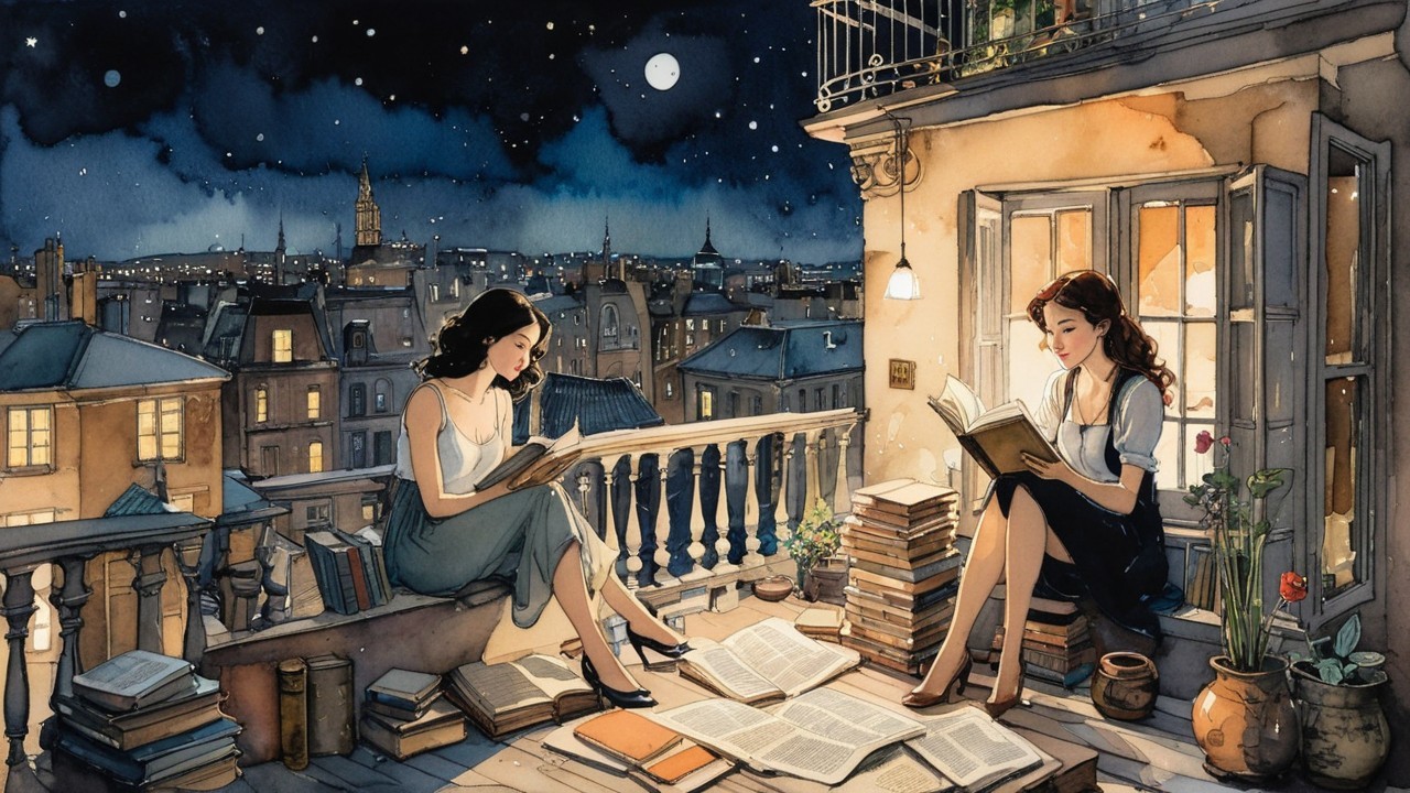 Women Reading on a Balcony Under a Starry Sky